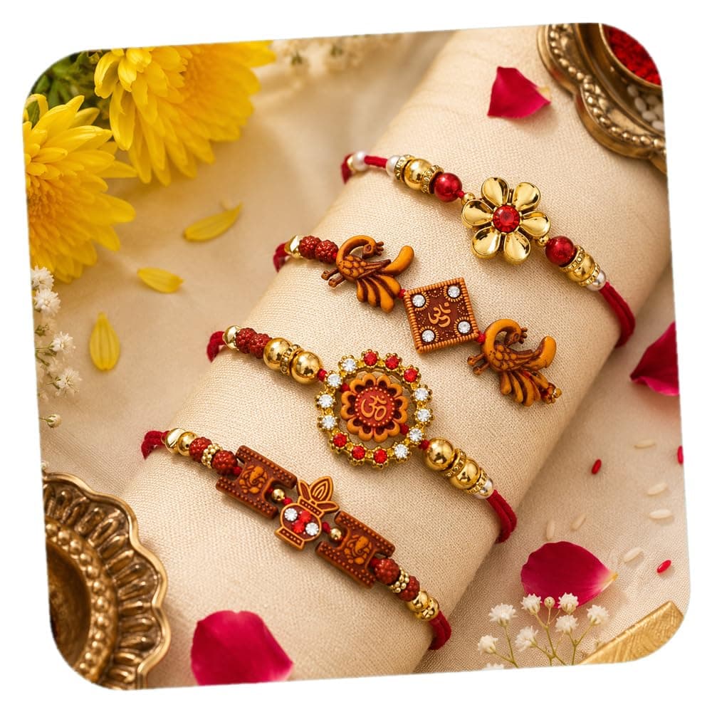 Rakhi for Brother, Rakhi Set of 4 for Bhai Bhabhi Kids, Rakshabandhan, Peacock, Pearl, Om Rudraksh with Greeting Card Rakhis for Rakshabandhan, Raakhee for Brother Men, Couple Pair for Bhai Bhabhi
