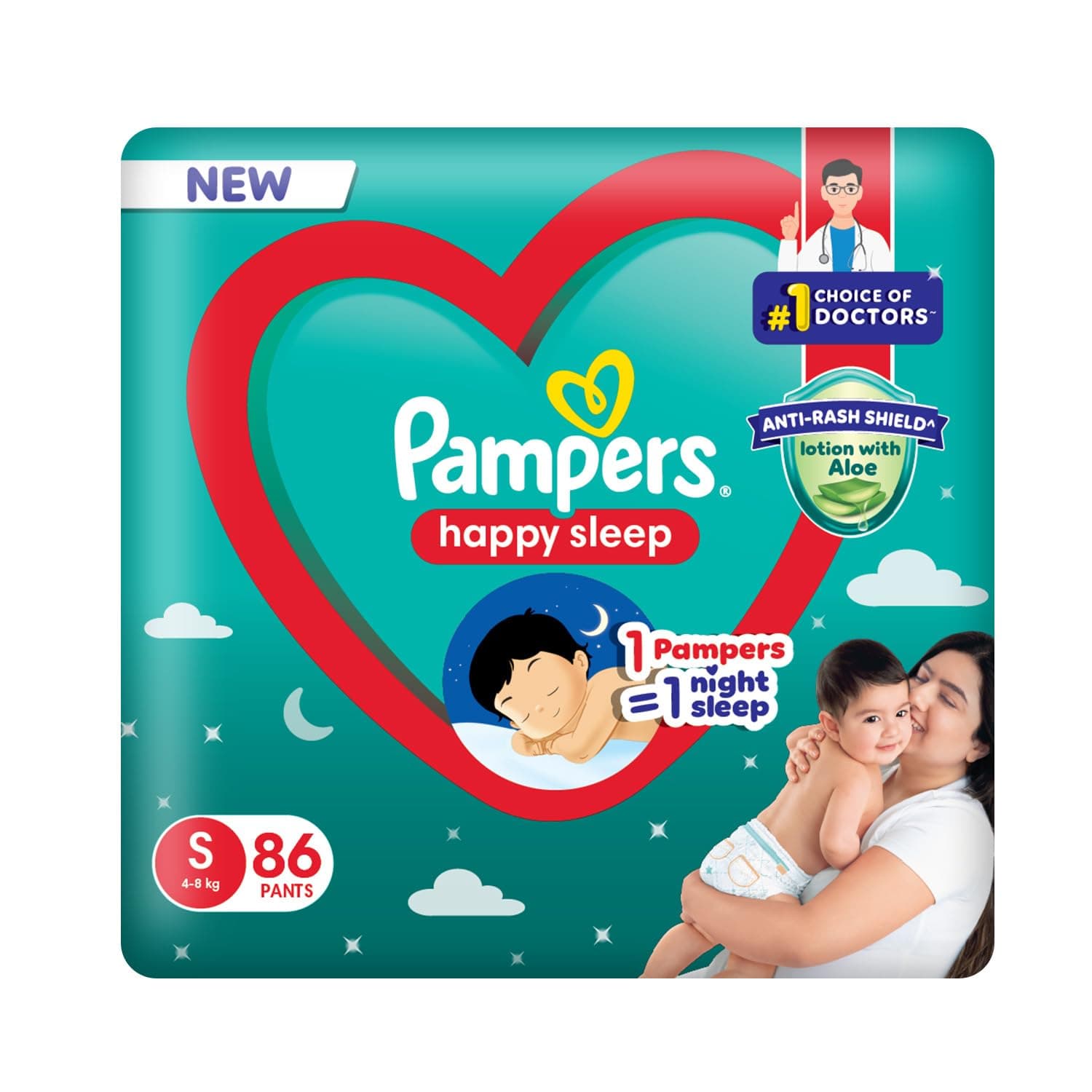 Pampers Happy Sleep Pant Style Baby Diapers, Small (S), 86 Count, 1 Pampers = 1 Night Sleep, with Anti Rash Shield, 4-8 Kg Diapers