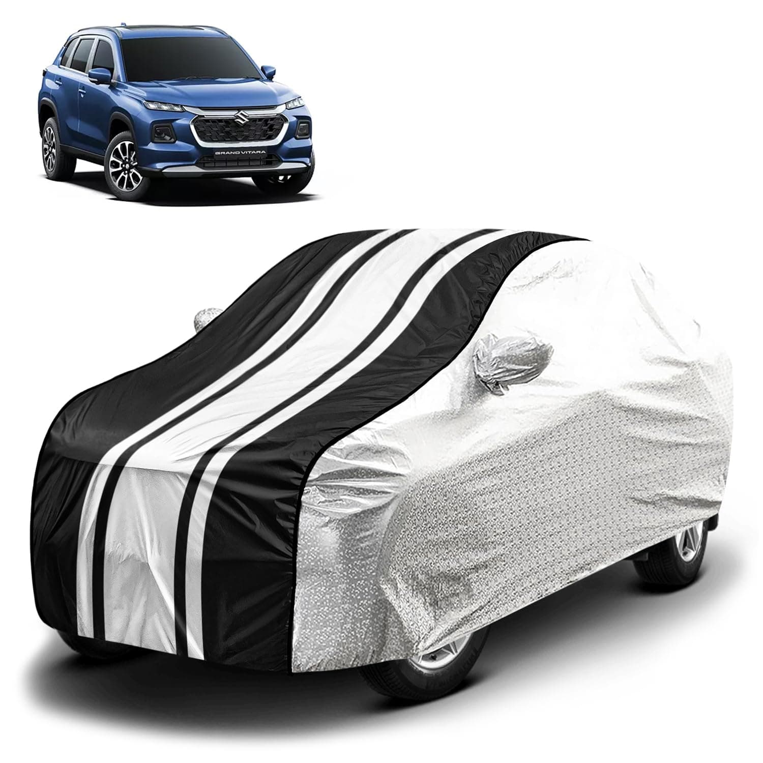 Fabtec Waterproof Car Body Cover for Maruti Grand Vitara with Mirror Pocket and Soft Cotton Lining, Bottom Elastic, Triple Stitched (Metallic Silver with Black Stripes) (No Antenna Pocket)