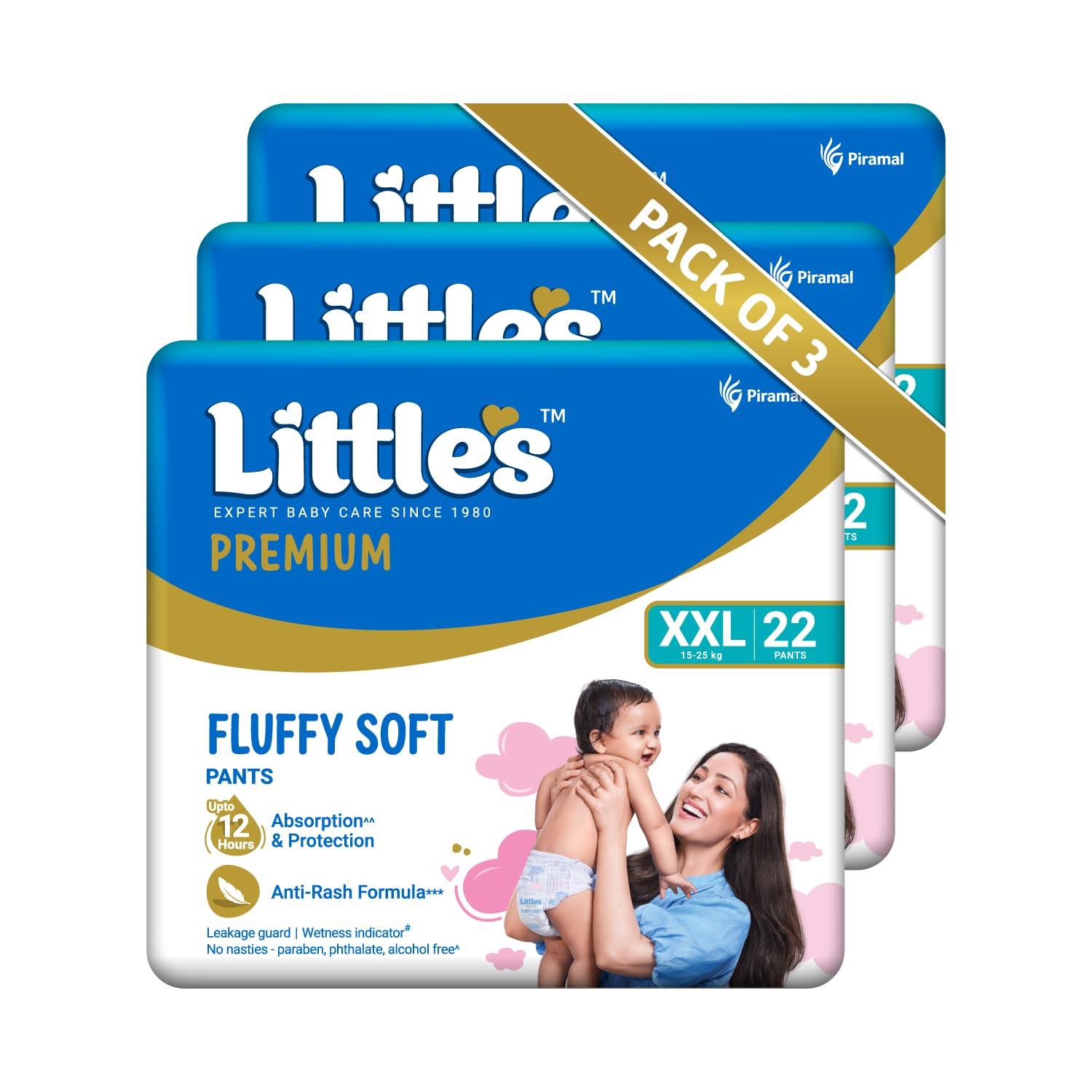 Little's Premium Baby Diapers XXL Size | Pants Style | 15-25 kg | 66 Count | FluffySoft Baby Diaper with Leakage Guard, Wetness Indicator & 12 Hours Absorption | (22 Count, Pack of 3)