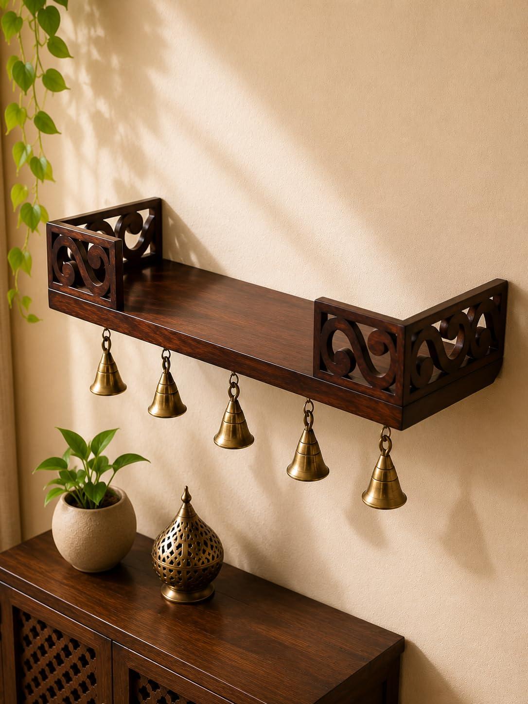 Elcom Handicrafts Wooden Wall Mounted Temple Shelf with 5 Hanging Brass Bells | Decorative Pooja Shelf for Home Temple, Entrance, Living Room & Office | Dark Brown Finish