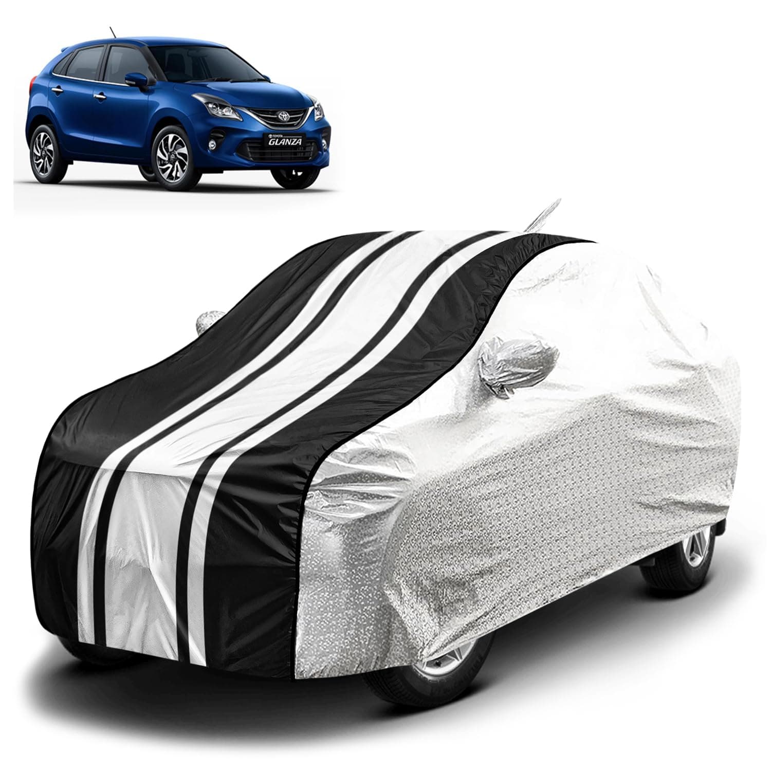 Fabtec Waterproof Car Body Cover for Toyota Glanza with Mirror and Antenna Pocket, Soft Cotton Lining, Bottom Elastic, Triple Stitched (Metallic Silver with Black Stripes)