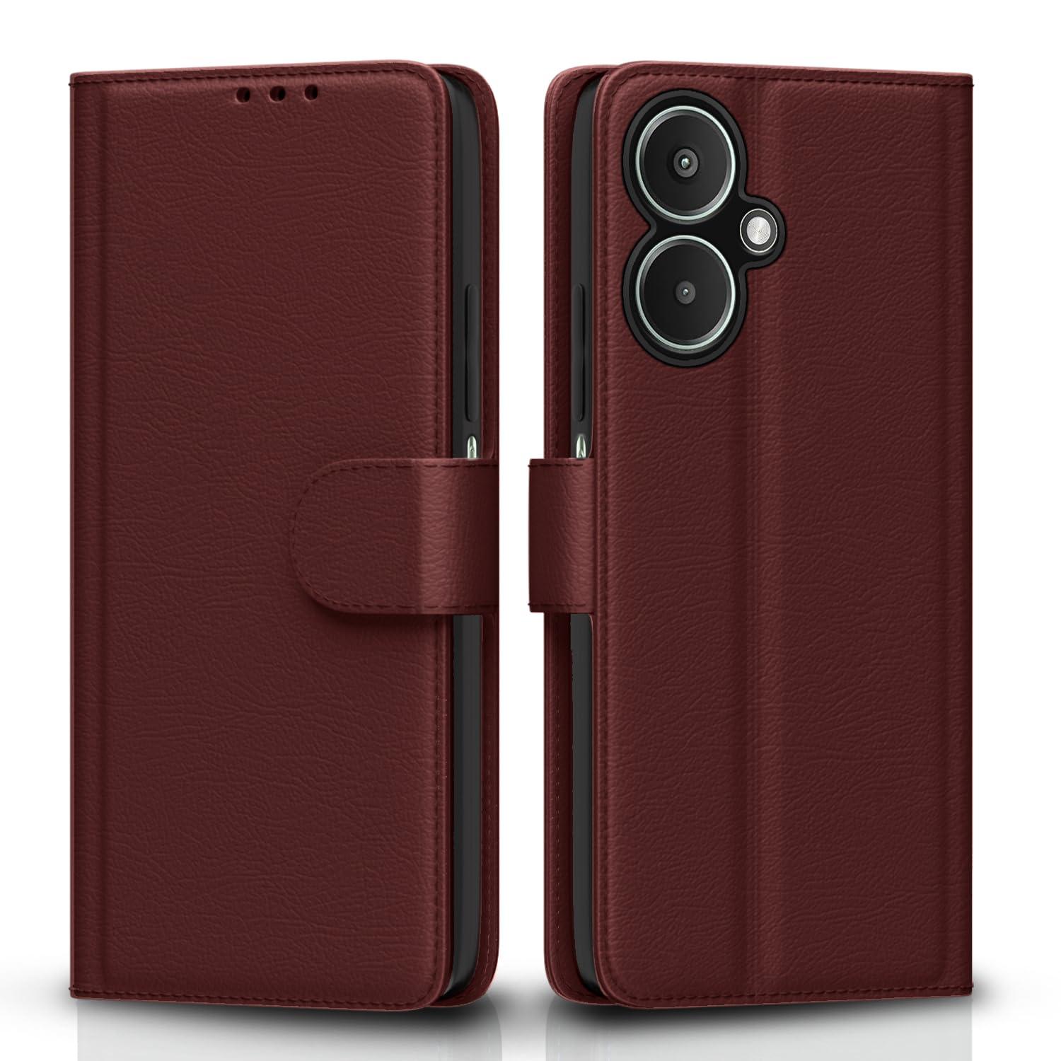 Pikkme Flip Cover Leather Finish | Inside TPU with Card Pockets | Wallet Stand and Shock Proof | Complete Protection Flip Case for Redmi 13C 5G(Brown)