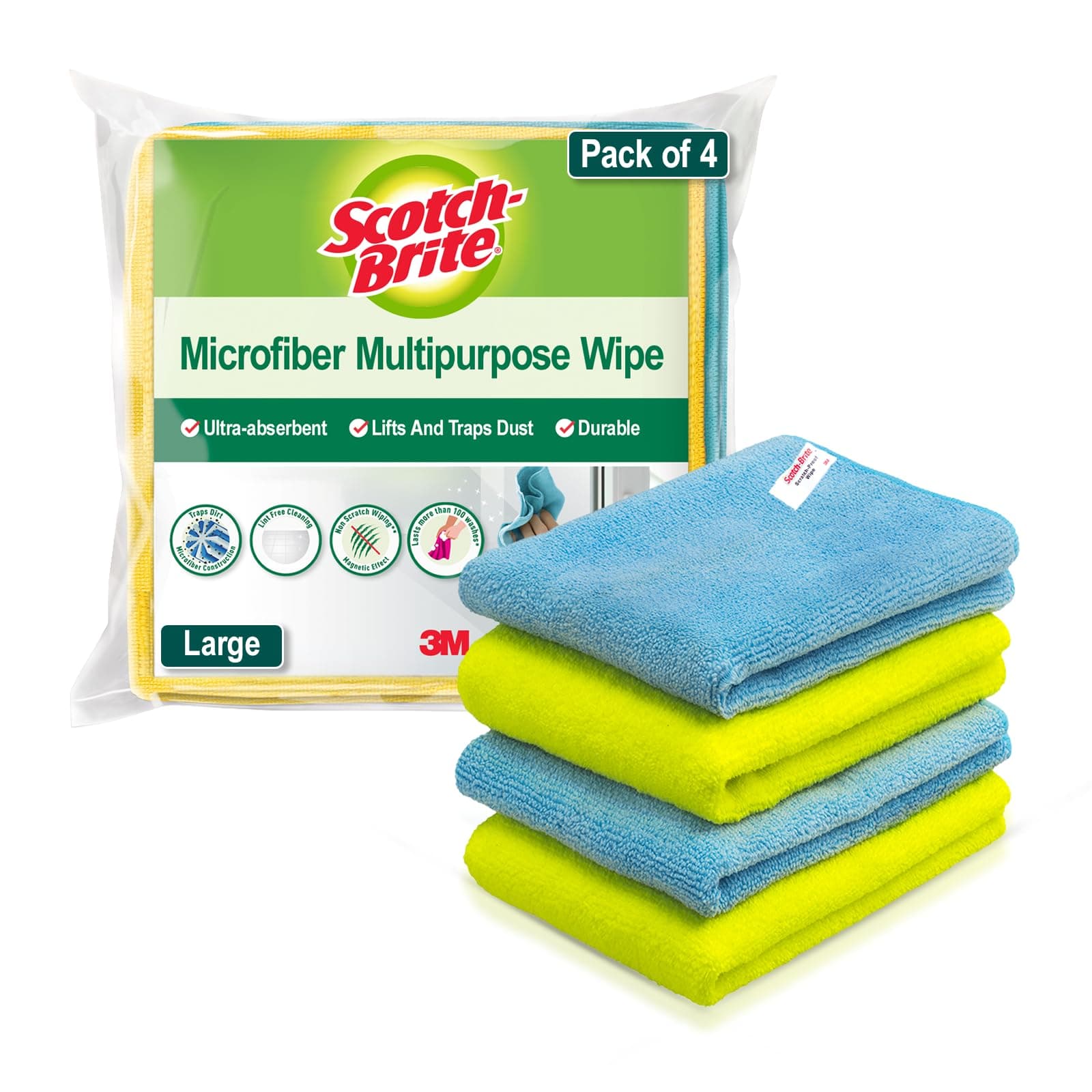 Scotch-Brite Microfiber Cloth/Wipe for Home, Kitchen, Appliance, Car cleaning pack of 4 pcs (40 cm x 40 cm, 340 GSM) ,Multicolor