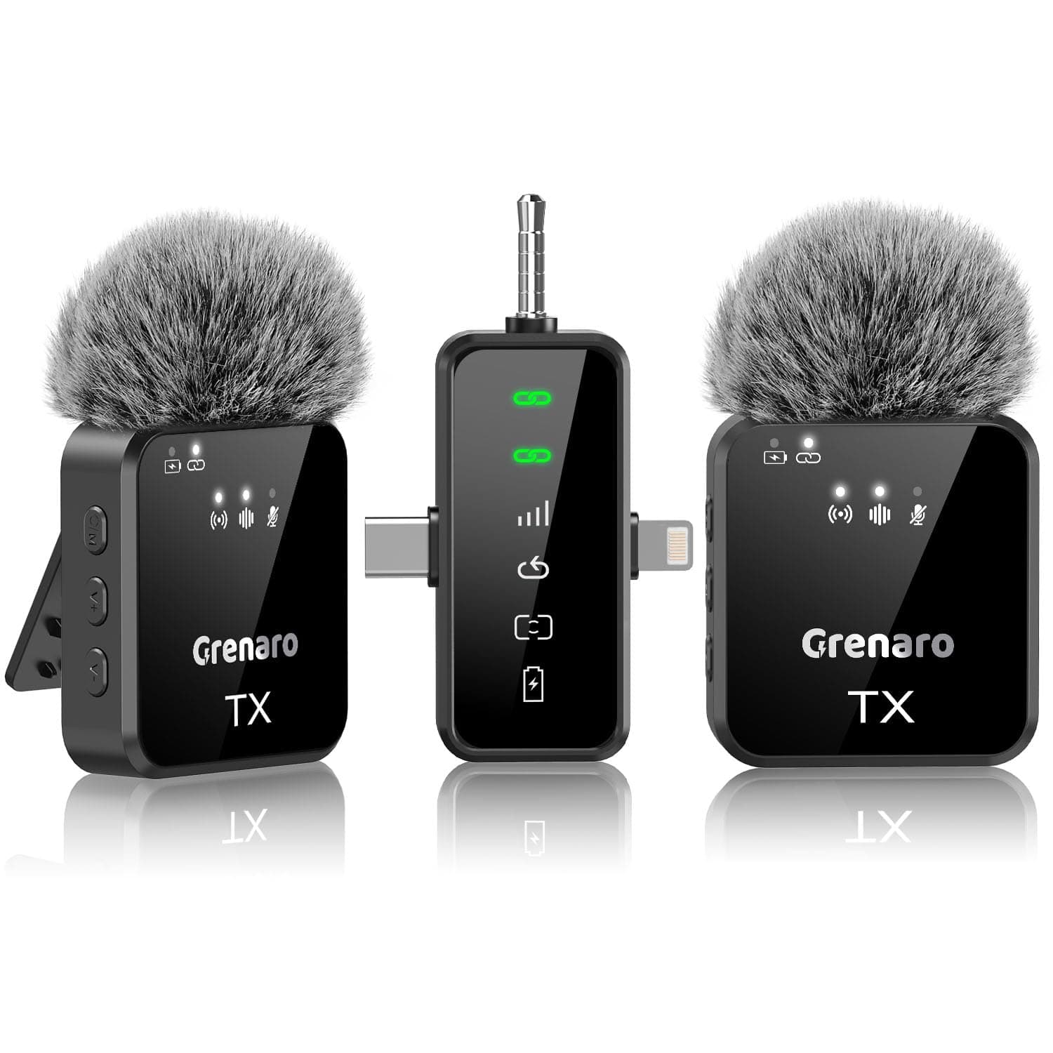 GRENARO Mic for YouTube Wireless, Dual Lapel Wireless Microphone for Recording with LED Display, 164ft Range, Mute/Reverb/Noise Reduction for YouTube, Live Streaming, Vlogging (3 in 1 Port Version)