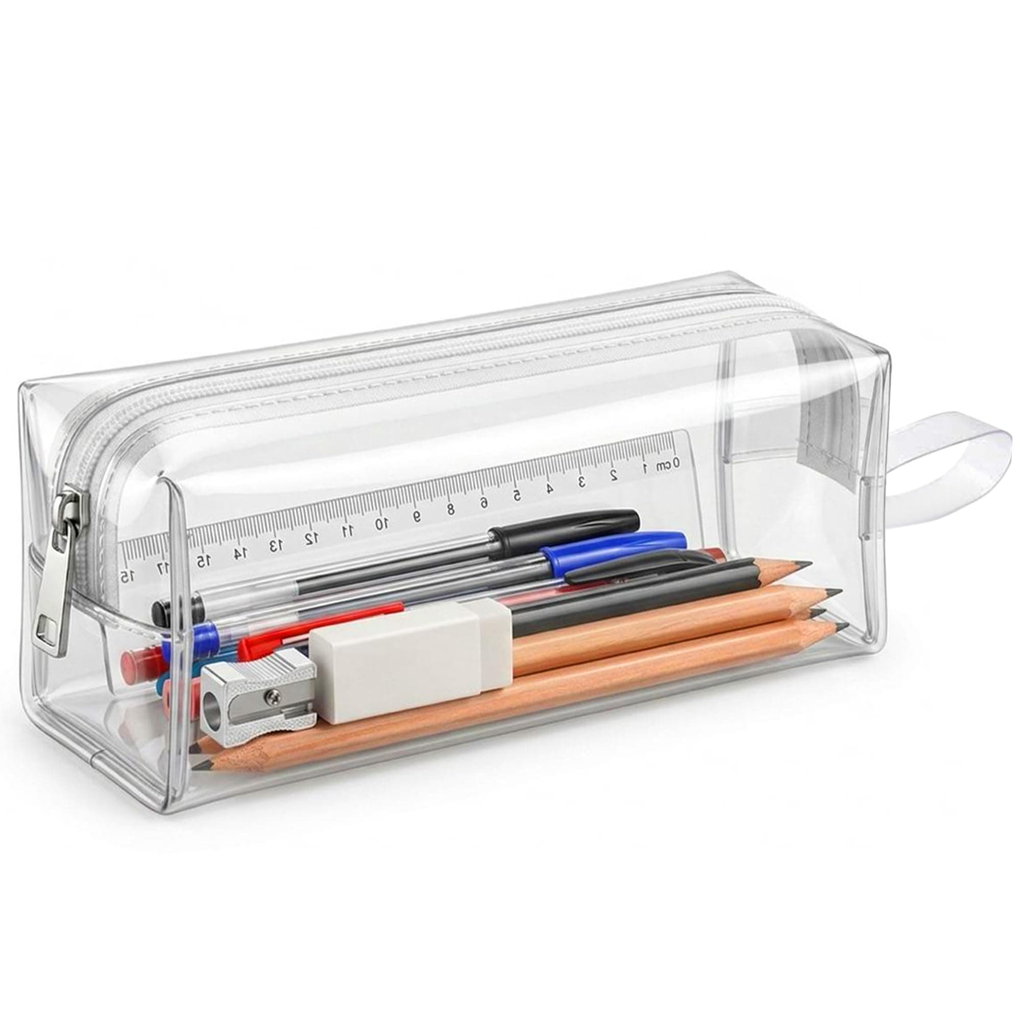 GLUN® Transparent Rectangular Stationery Pouch with Zipper, Clear Boxy Storage Case, Multi-Purpose Cosmetic & Utility Organizer for School, College & Office