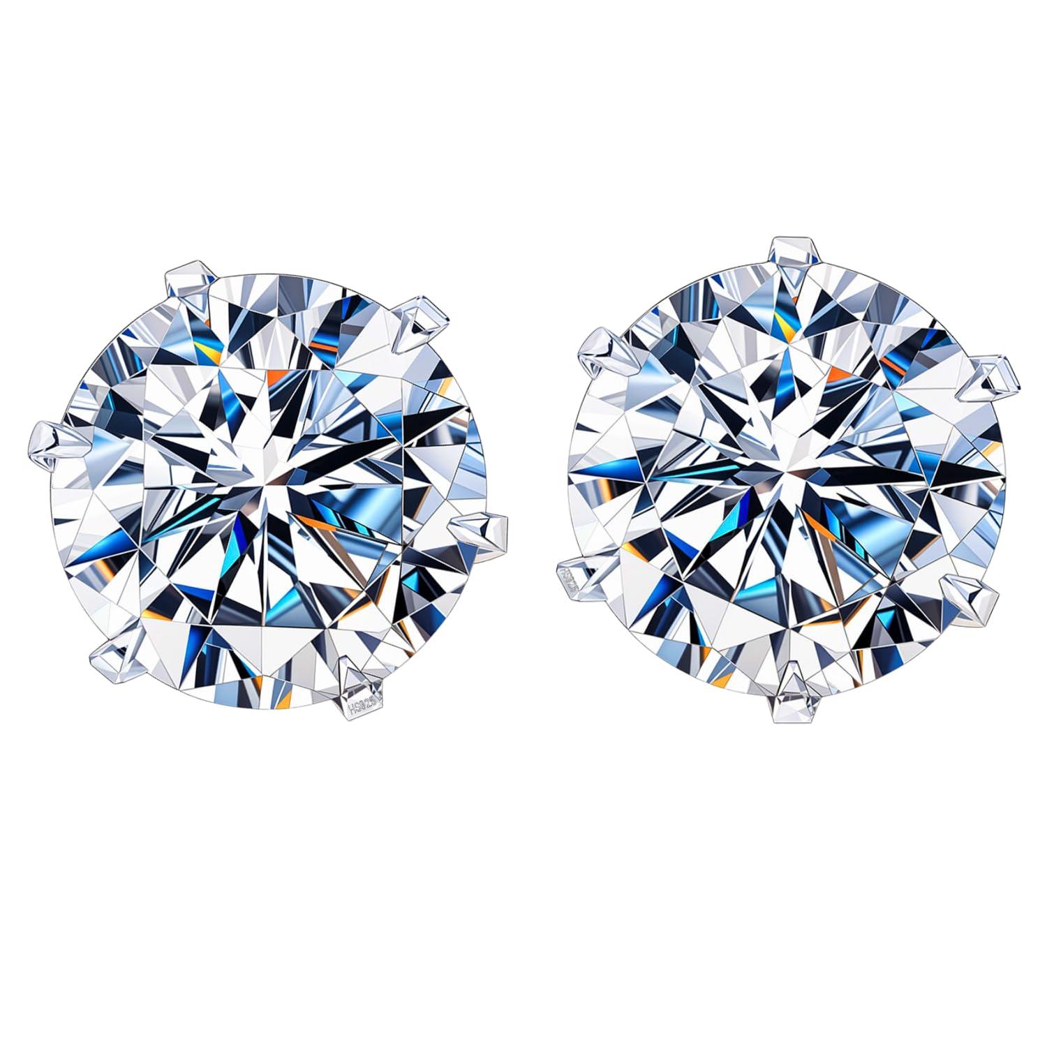 HIGHSPARK 925 Silver Solitaire Stud Earrings | 92.5 Sterling Silver & Round Brilliant Cubic Zirconia Tops for Men Women | Silver 8mm