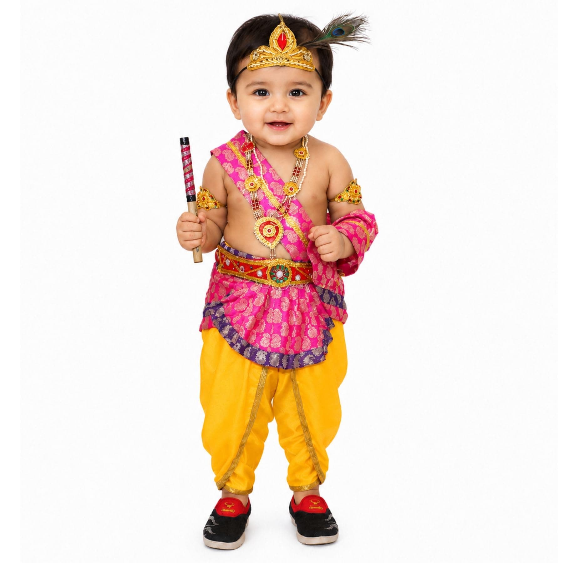 Kaku Fancy Dresses Polyester Krishna Costume For Boy/Janmashtami/Bal Gopal Dress/Kanha Costume/Bal Krishna/Mythological Costume For Boy - Yellow-Pink, 1-2 Years