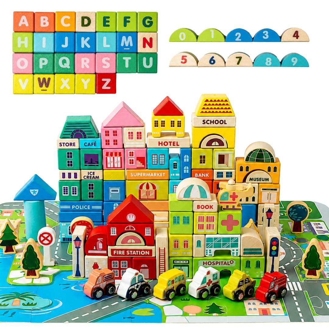 Nesta Toys 115-Piece Wooden City Building Blocks Set | Alphabet A-Z + Numbers 0-9 + 8 City Landmarks | Builds Spatial Reasoning, Fine Motor Skills & Creativity | Non-Toxic | Gift for Ages 3-8 Years