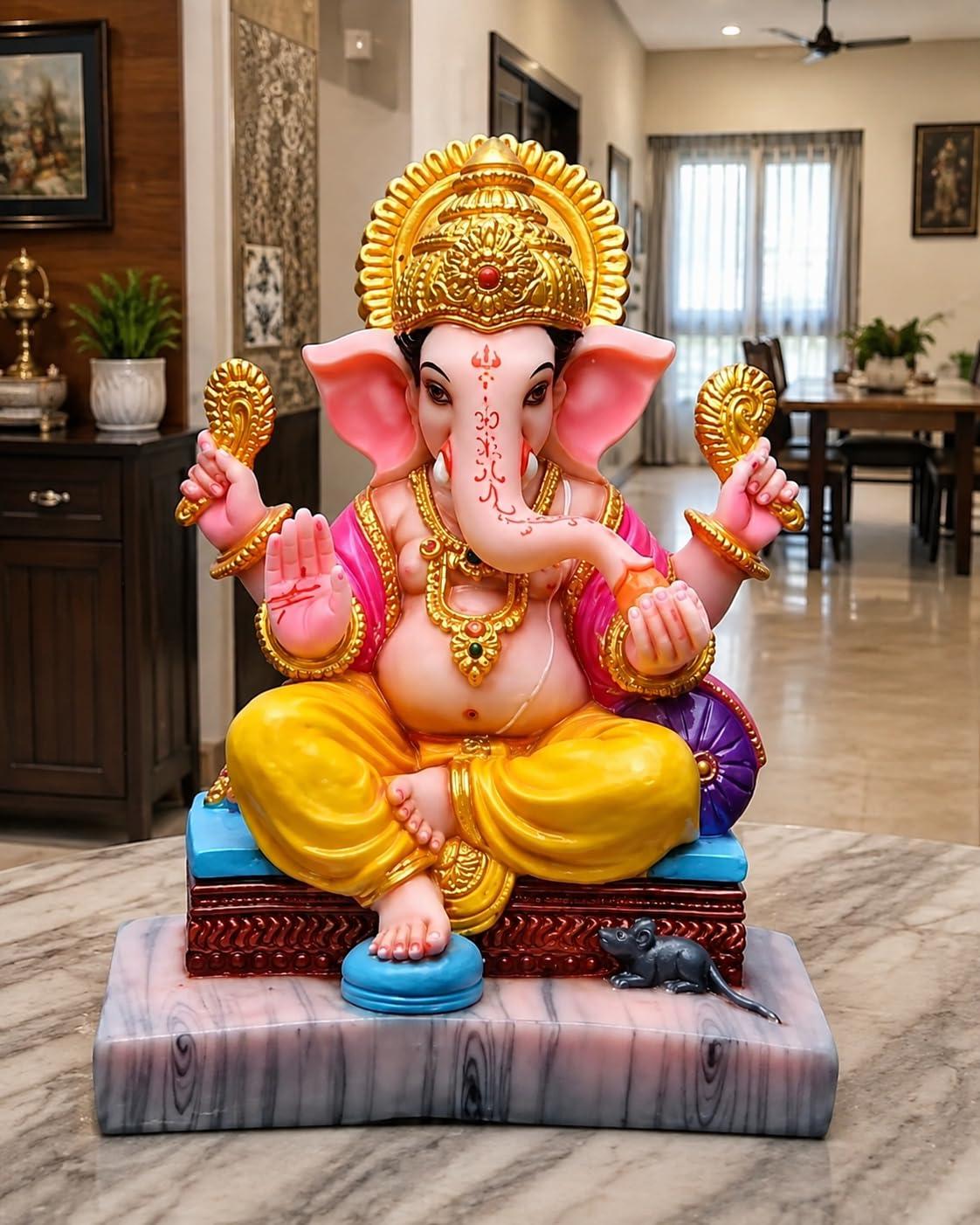 Murtikala Marble Finish Lord Ganesh Idol for Home Temple | Ganpati Bappa Murti with Stone Work | Ganesh Ji Statue for Puja Room, Office Desk, Car Dashboard | Diwali Gift, Housewarming Decor 8 inches