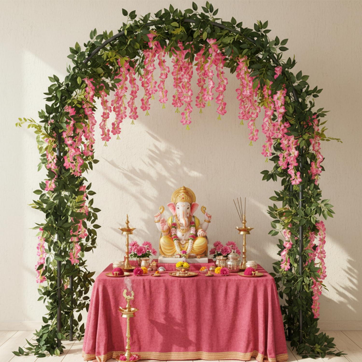 Party Propz Pink Wisteria Artificial Flowers for Decoration Hanging -12Pc(3.6ft), Ganpati Decoration Setup For Home, 2Pcs 8ft Leaves, varamahalakshmi decorative items, Krishna Janmashtami, Haldi Decor