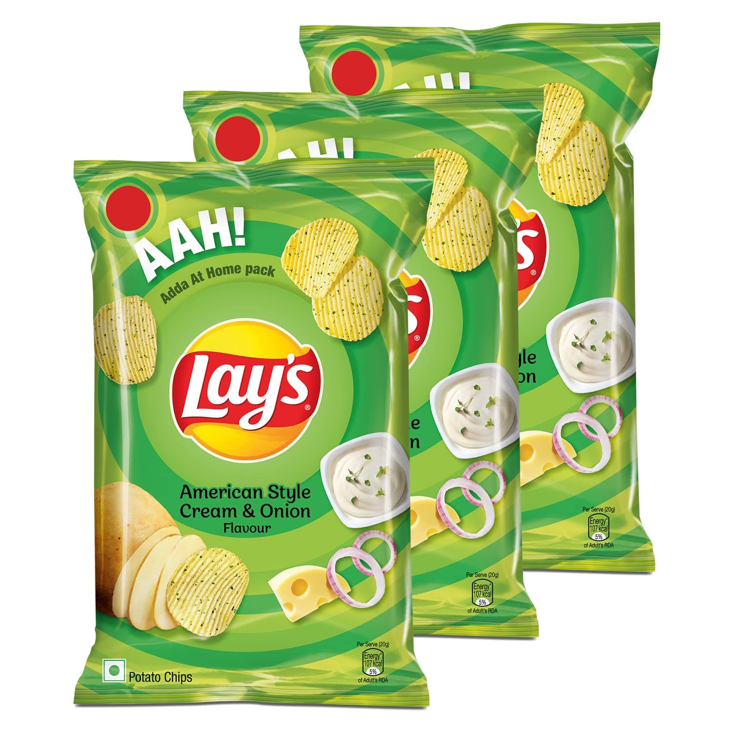 Lay's Potato Chips - American Style Cream & Onion Flavour, 80gm/82gm/90gm (Pack Of 3) (Weight May Vary)