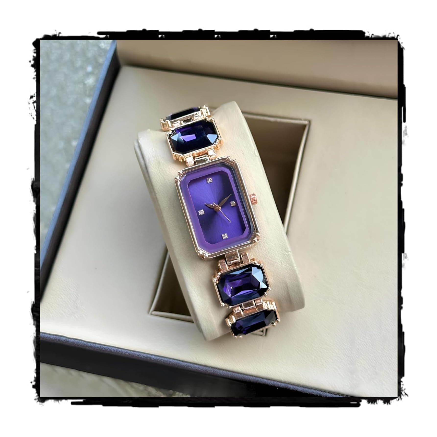 styledose Luxuria Women’s Rose Gold Analog Watch – Emerald-Cut Black Gemstone Bracelet Watch with Heart-Tipped Hands and Diamond-Studded Dial – Elegant Jewelry Watch for Girls & Ladies (Purple)