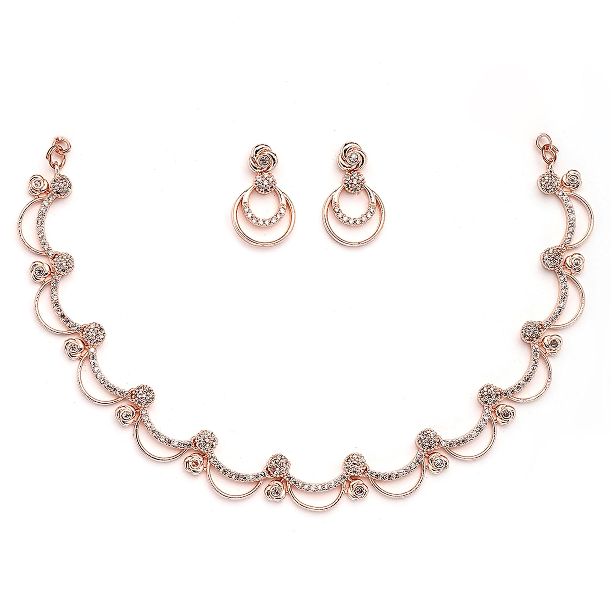 ZENEME Rhodium Plated Gold & Silver Toned Pearl Charm Necklace Set with Earrings for Women & Girls, Designer Statement Jewellery Set For Woman (Rose Gold)
