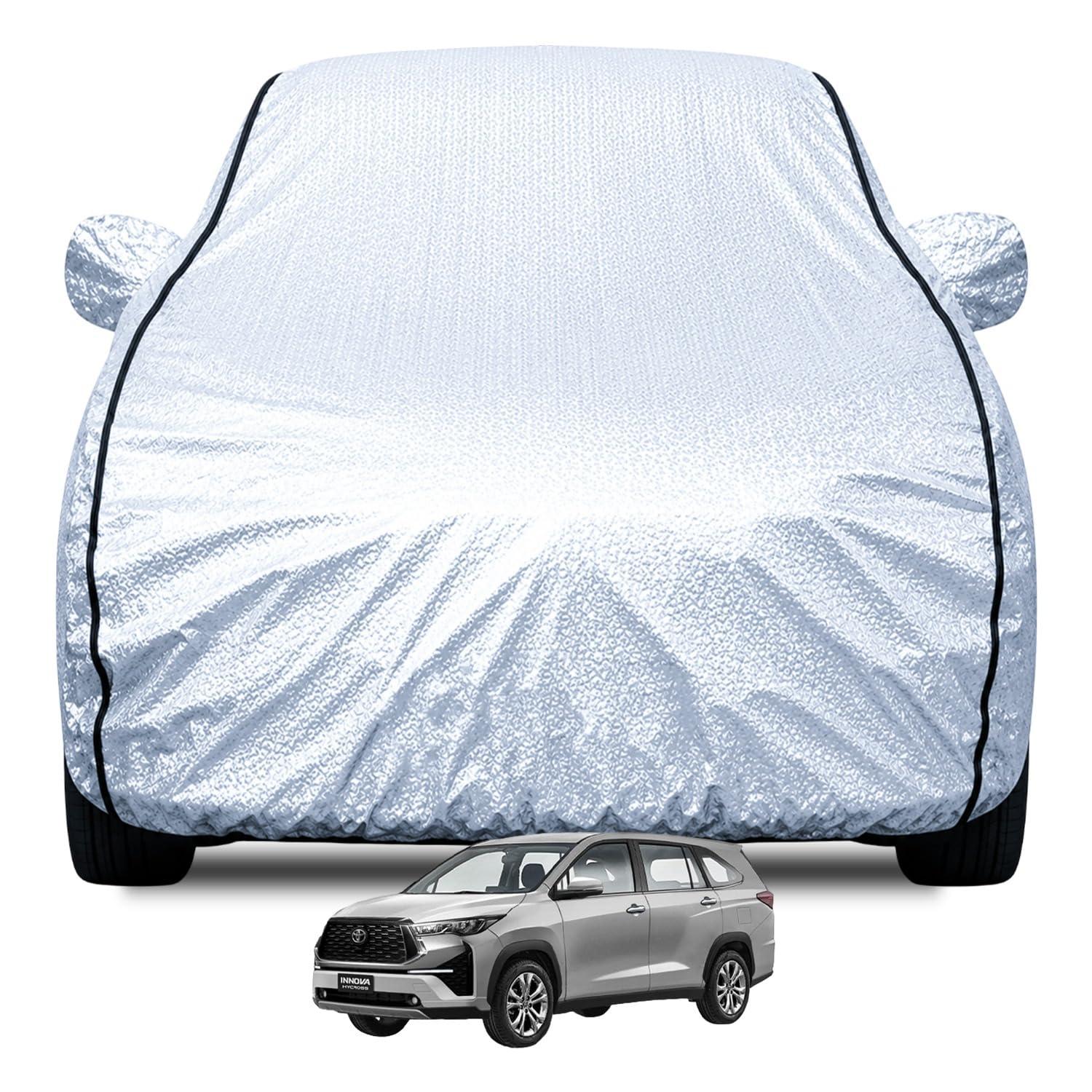 FABTEC Waterproof Car Body Cover for Toyota Innova Hycross with Mirror Pocket, Soft Cotton Lining, Triple Stitched (Heat Resistant Metallic Silver with Black Piping)