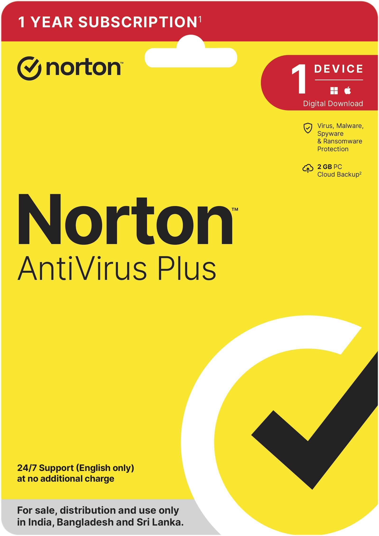 Norton Antivirus Plus | 1 User 1 Year |Also Includes Smart Firewall, Password Manager & 2GB PC Cloud Back Up| PC or Mac | Product Key | No CD