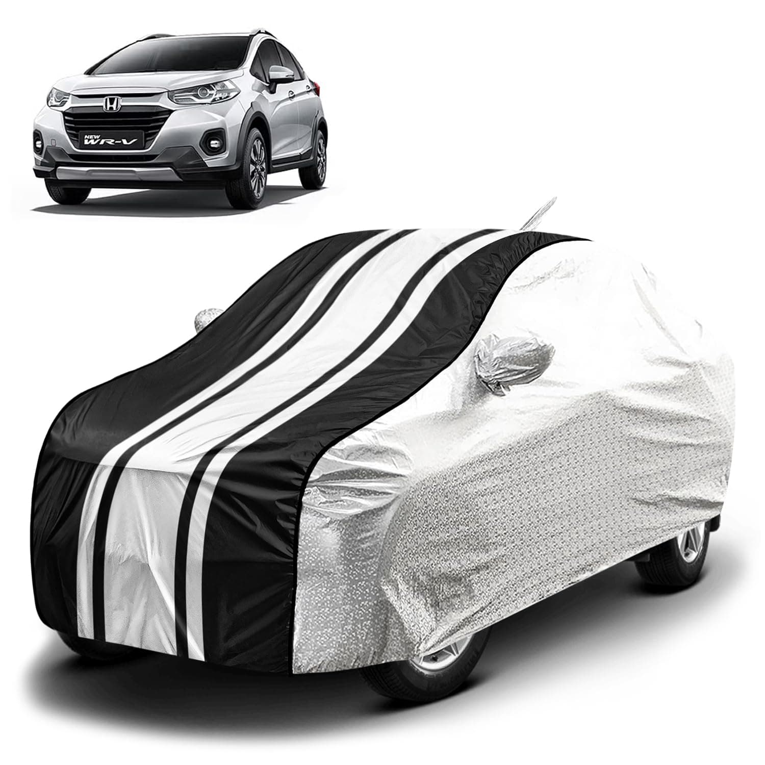 Fabtec Waterproof Car Body Cover for Honda WRV with Mirror and Antenna Pocket and Soft Cotton Lining, Bottom Elastic, Triple Stitched (Metallic Silver with Black Stripes)