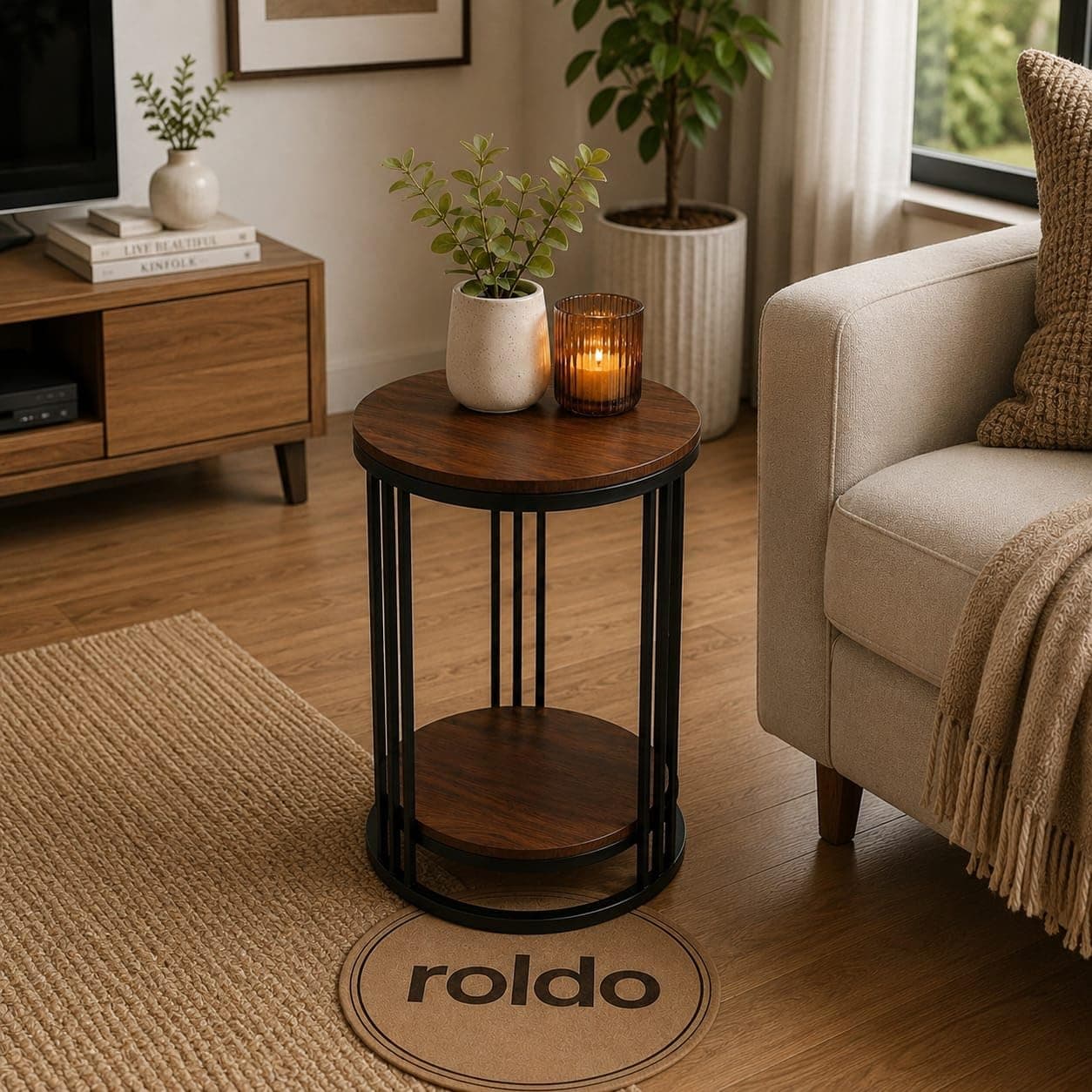 Roldo Modern 2-Tier End Table Plant Stand with Storage Shelf, Round Side Table for Living Room Bedroom Balcony or Indoor Home Decor (Black Walnut)