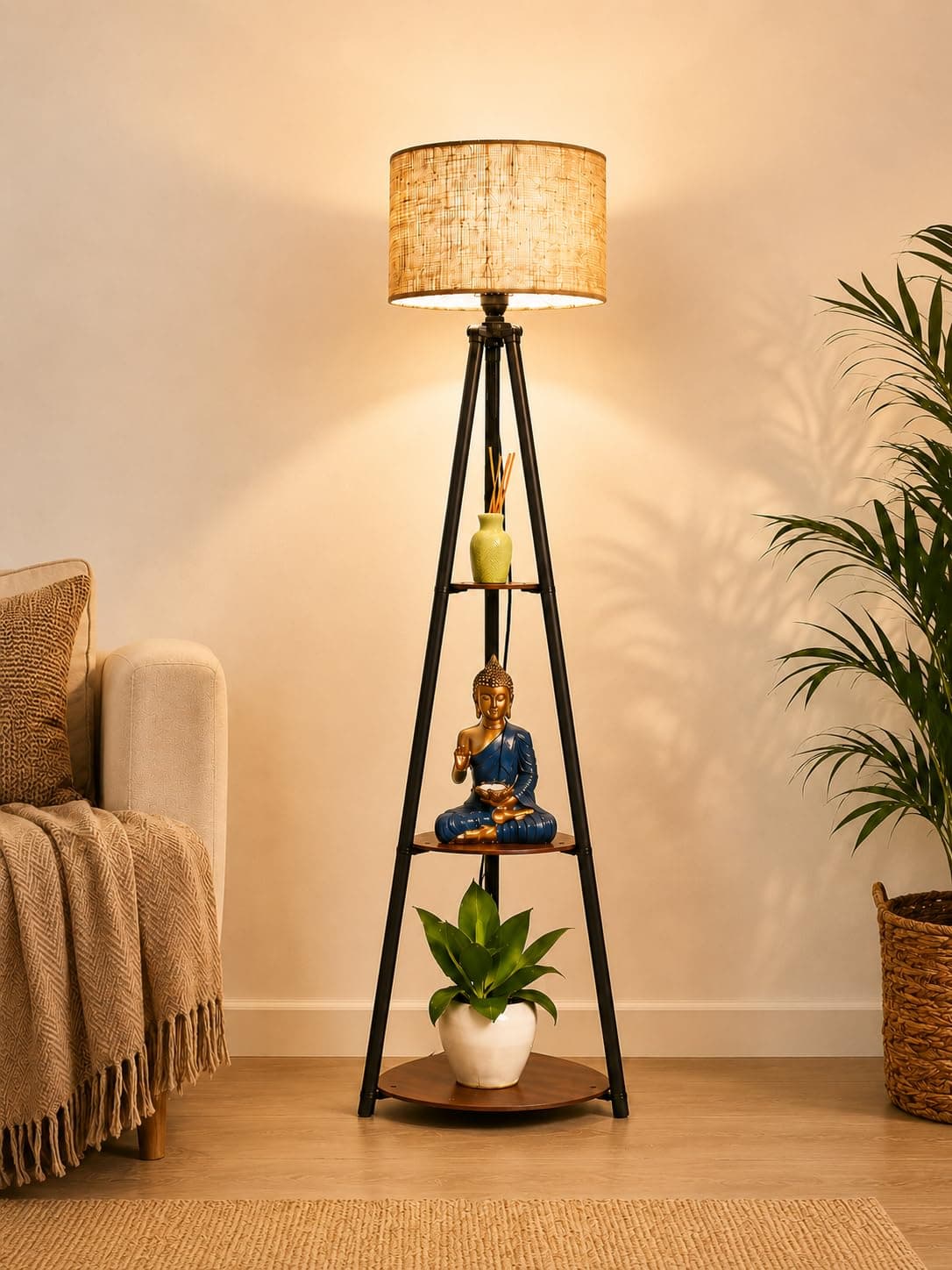 Crosscut Furniture LED Tripod Floor Lamp with 3 Shelves, Brown Jute, Metal Corner Floor Lamp, for Decoration and Gifting,B22 Bulb