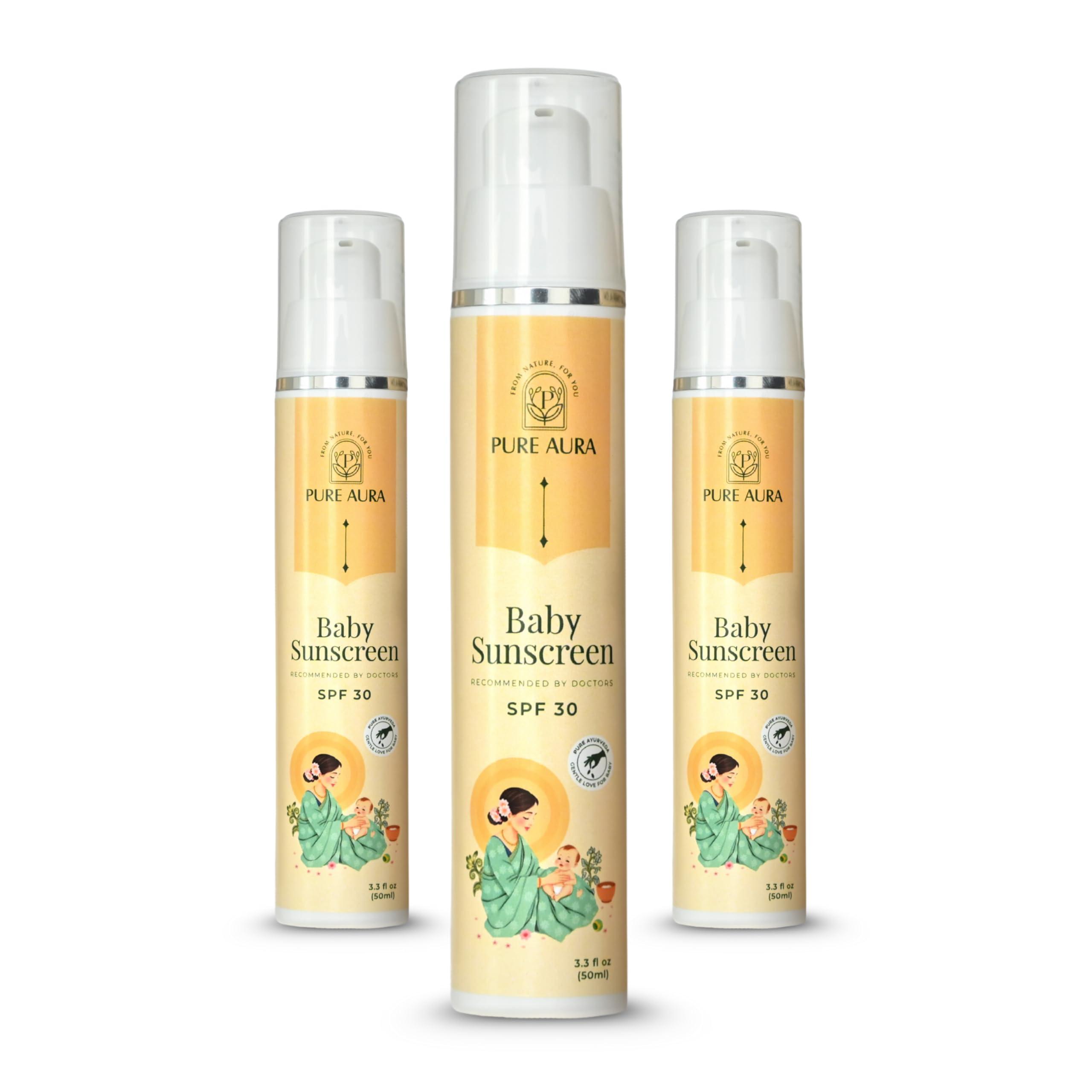 Pure Aura Baby Sunscreen SPF 30 50gm, Pack of 3 – Doctor Recommended 100% Mineral Ayurvedic Sunscreen for Babies & Kids | Chemical-Free Outdoor Sun Protection for Sensitive Skin