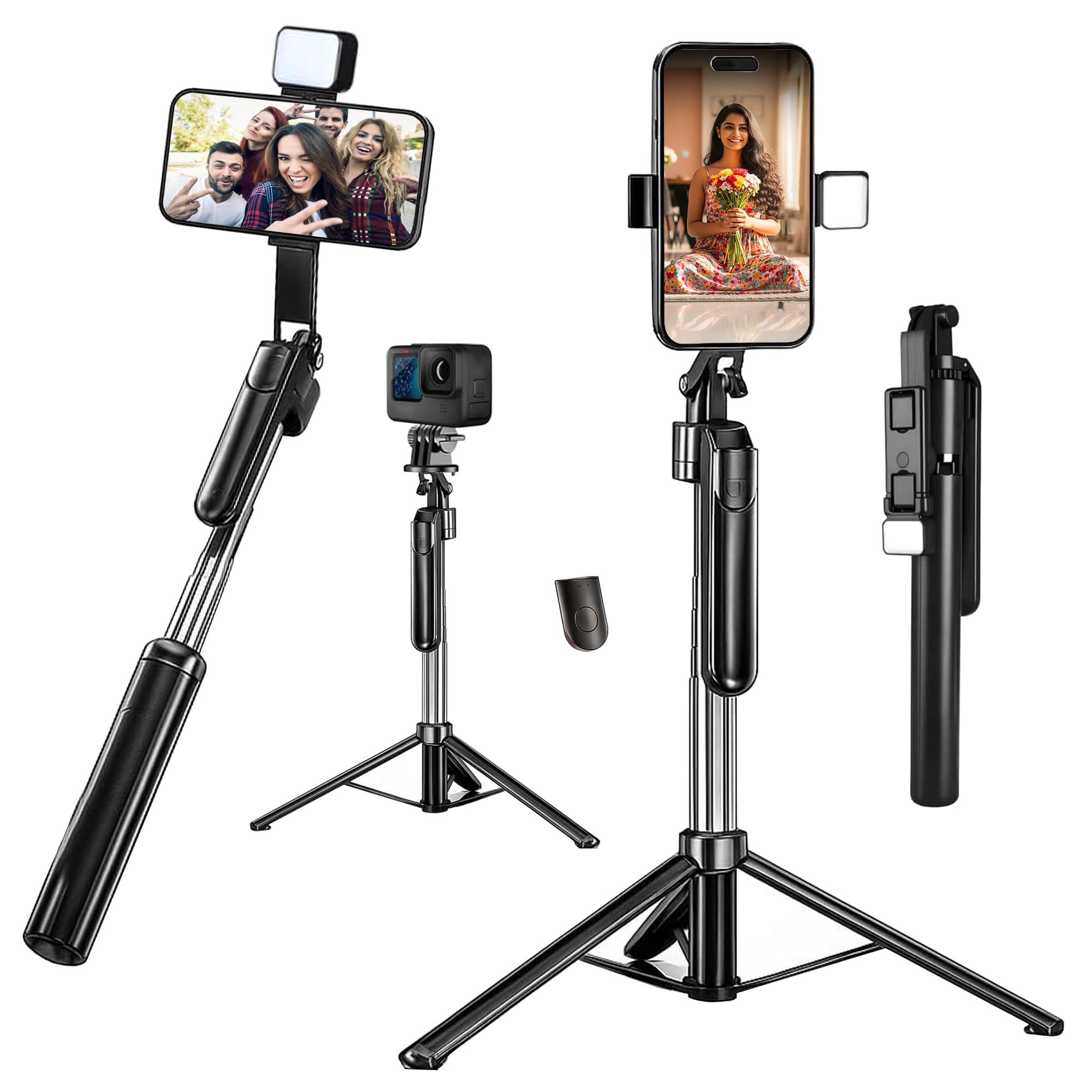 Kratos Selfie Stick Tripod Stand with Light 67 inch/1.7 M, 360° Rotation Handle for Anti Shake Shooting Tripod, Multifunctional Bluetooth Tripod for Mobile Phone Vlogging, Live Stream & Travel