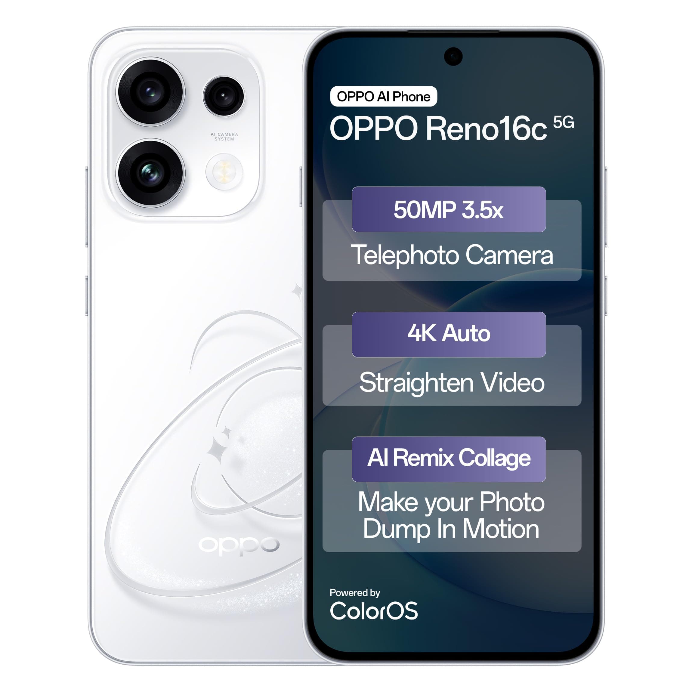 Oppo Reno16c 5G (Starry White, 12GB, 256GB) | 3D Design | 50MP 3.5X Telephoto Camera | 4K Video | AI Remix Collage | 7000mAh 80W SUPERVOOC | ColorOS 16 | IP69K | Dimensity 7300