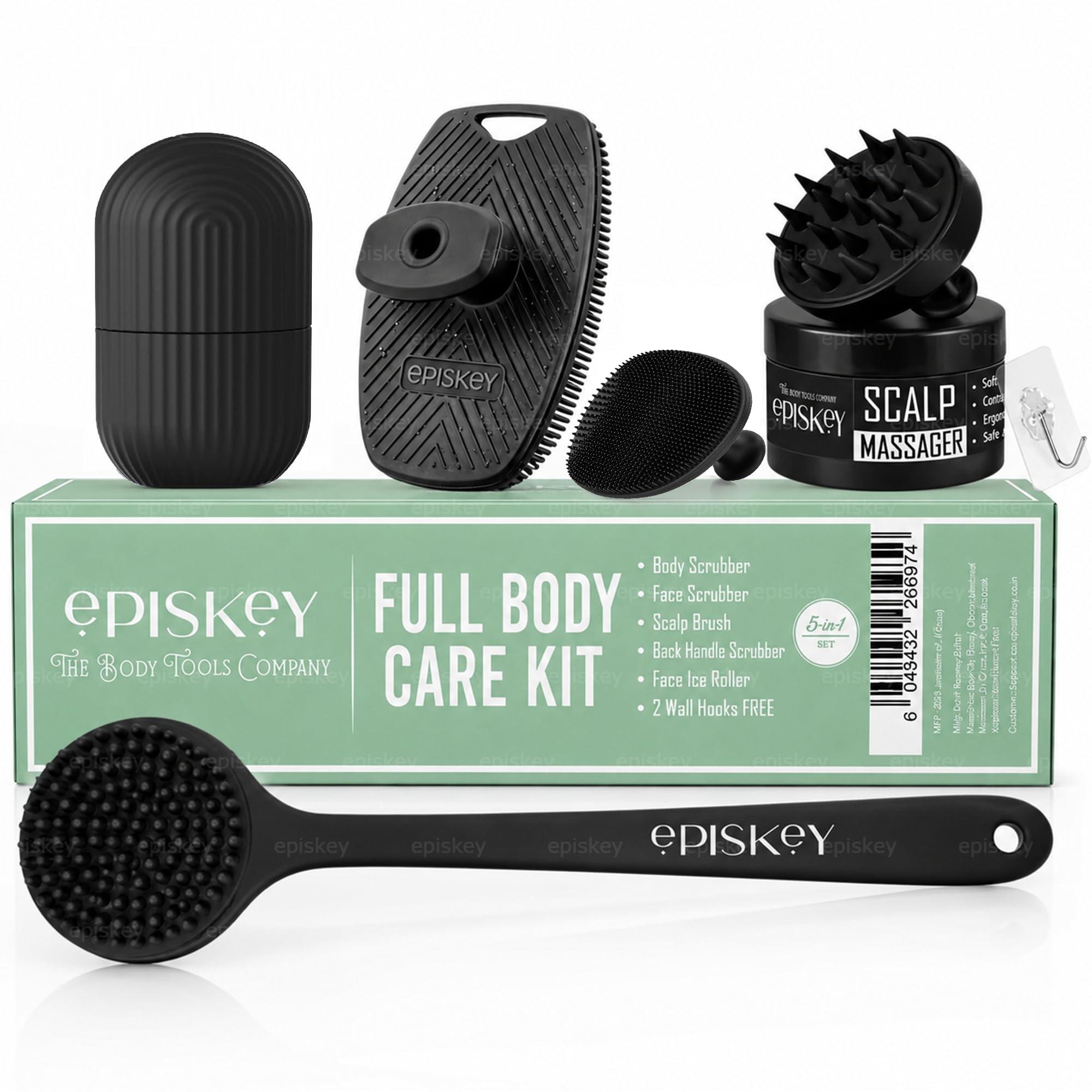 Episkey Soft Silicone Back Scrubber Long Handle Bath Brush + Body Scrubber Bath Brush + Scalp Massager for Hair + Face Scrubber Brush + Ice Face Roller Combo, Super-Exfoliating & Lathering Body Scrubber, Shower Brush | BPA-Free | for Men and Women (With A Free Hook 2-pcs)