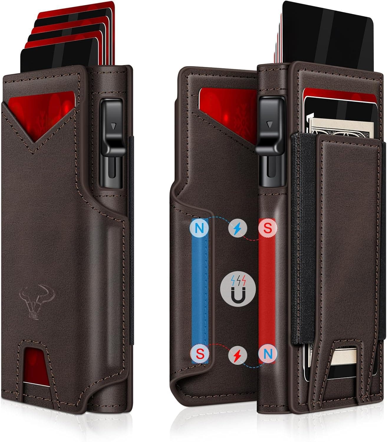 VOGARD Smart Pop-Up Leather Wallet for Men & Women | RFID Blocking Card Holder with Money Clip | Slim Magnetic Bifold Wallet with Quick Access Button – Holds 14 Cards & Cash (Coffee)