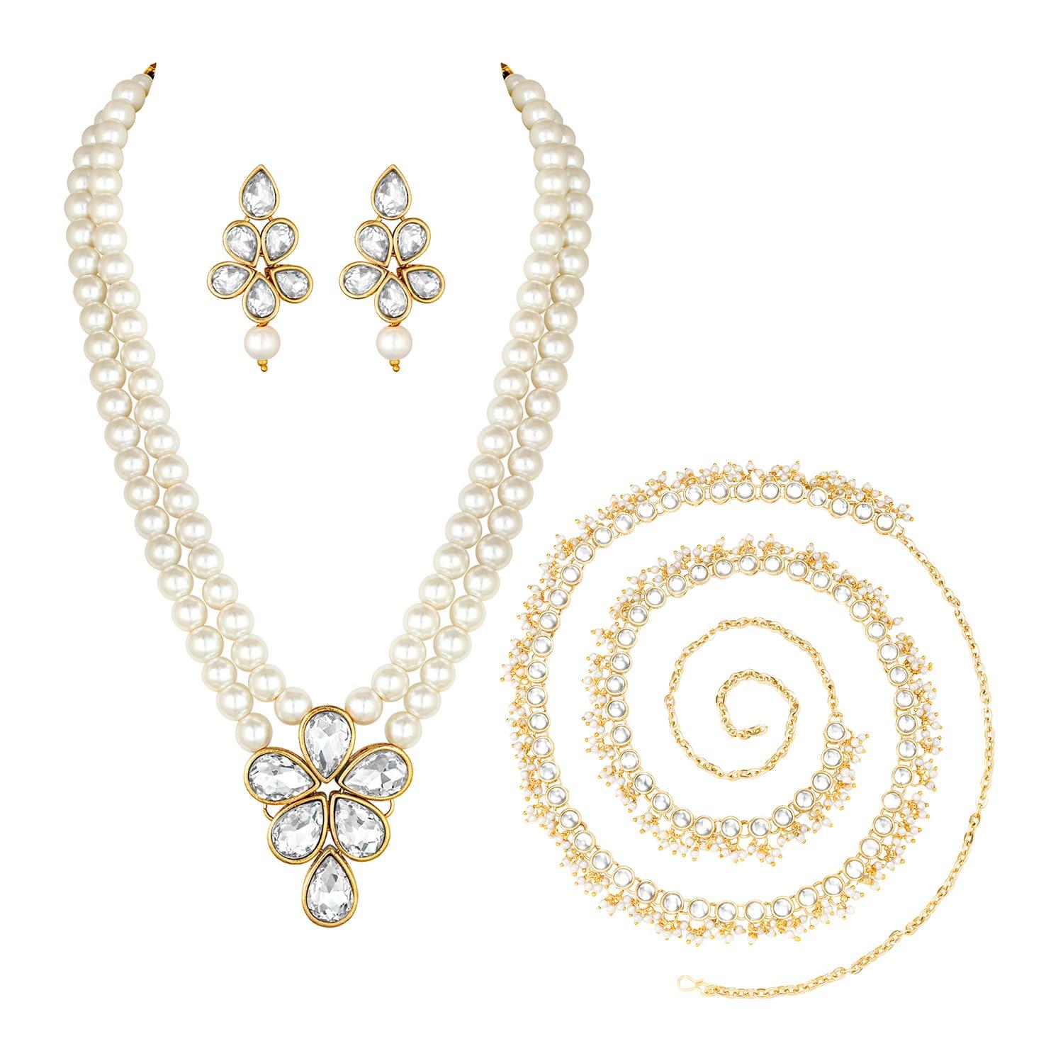 Peora Combo of Crystal Pearl Necklace Set with Waist Belt Kamar Bandh Gift for Women (White)
