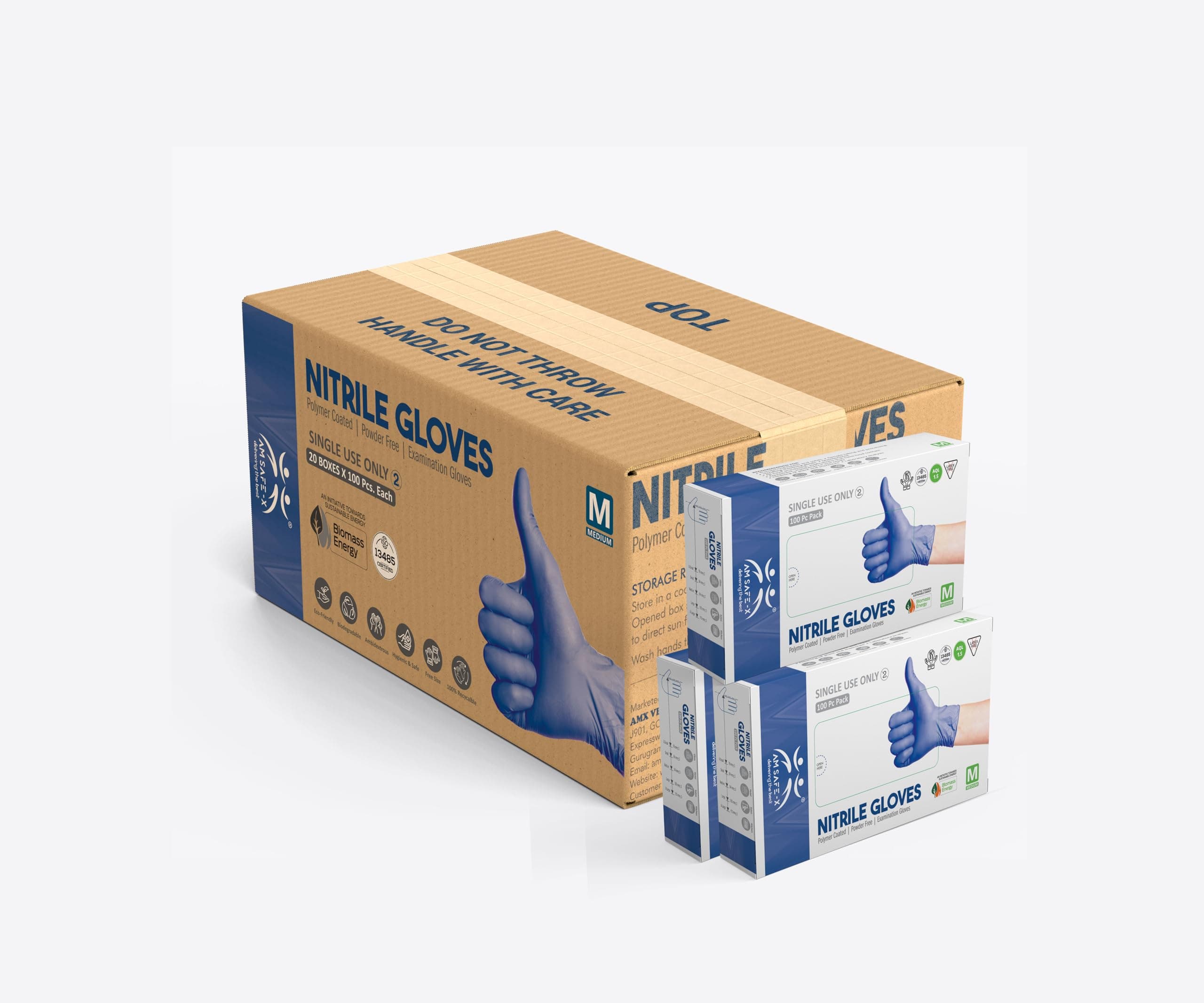AM Safe X Powder Free Blue Nitrile Gloves for Hands 2000pcs | Pack of 20 | Food Grade Heavy Duty Disposable Multipurpose Gloves|Cleaning, Kitchen, Tattoo, Salon, Automotive & Examination Gloves Medium