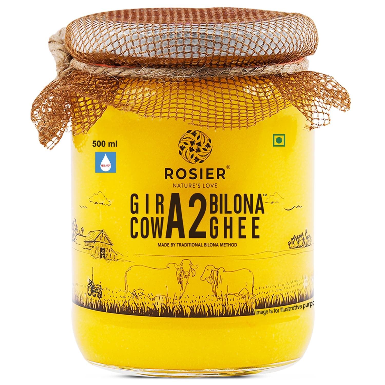 ROSIER A2 Gir Cow Ghee (500 ml) | Traditional Bilona Method A2 Cow Ghee | Grassfed, Pure and Healthy Desi Cow Ghee (Glass Bottle - 500 ML)