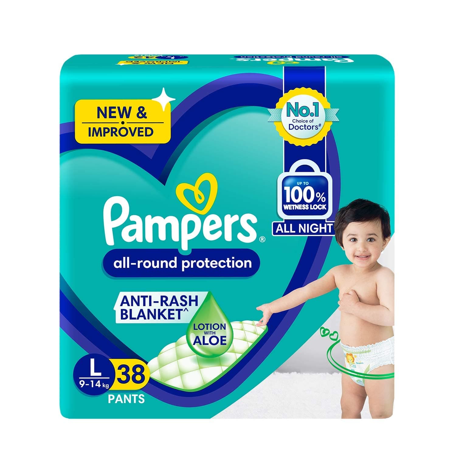 Pampers Complete Skin Comfort Pants, (L) 38 Count, Anti-rash blanket, Lotion with Vitamin E & Aloe Vera, Large size baby Diapers, 9-14 kg