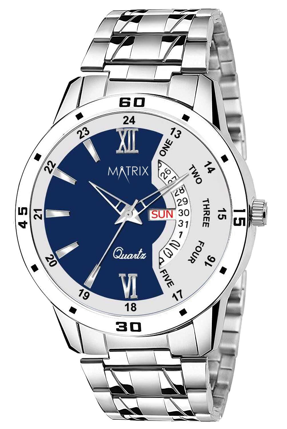 Matrix Men Silicone Analogue Day & Day Wrist Watch & Boys (Blue-Silver), Band Color-Black,Dial Color-Black