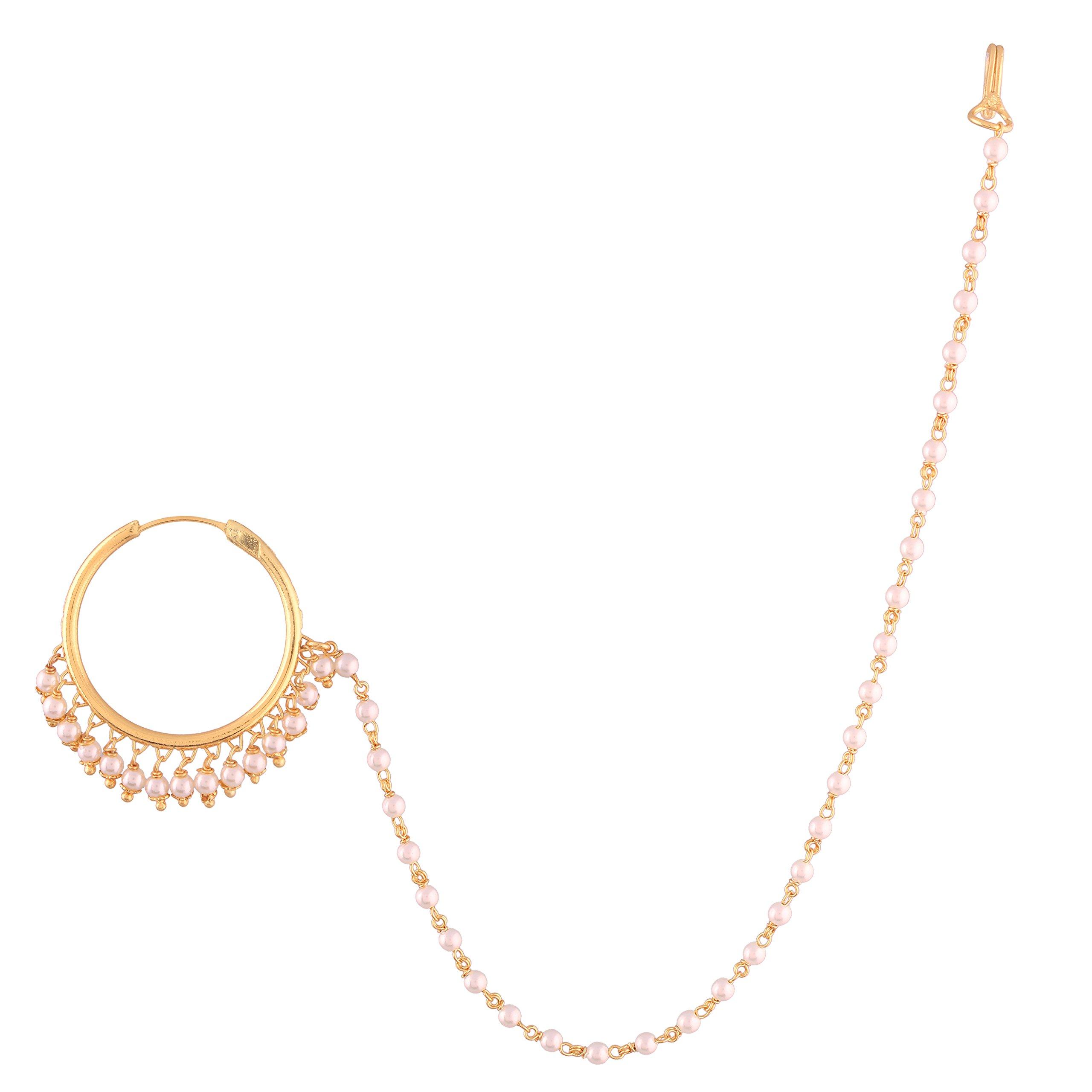 ACCESSHER Gold Plated Pearl Studded Nath Nose Ring with Sahara Chain for Women and Brides, 40g - Traditional Ethnic Jewelry for Weddings and Festivals