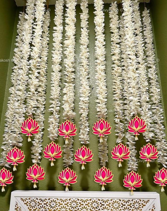 Divyakosh Lotus Hanging with White Artificial Flowers 10 Pcs | Floral Wall Hangings for Home Decoration, Temple, Diwali, Ganpati & All Festival Decoration | Lotus with Jhumki | 40 Inches Each