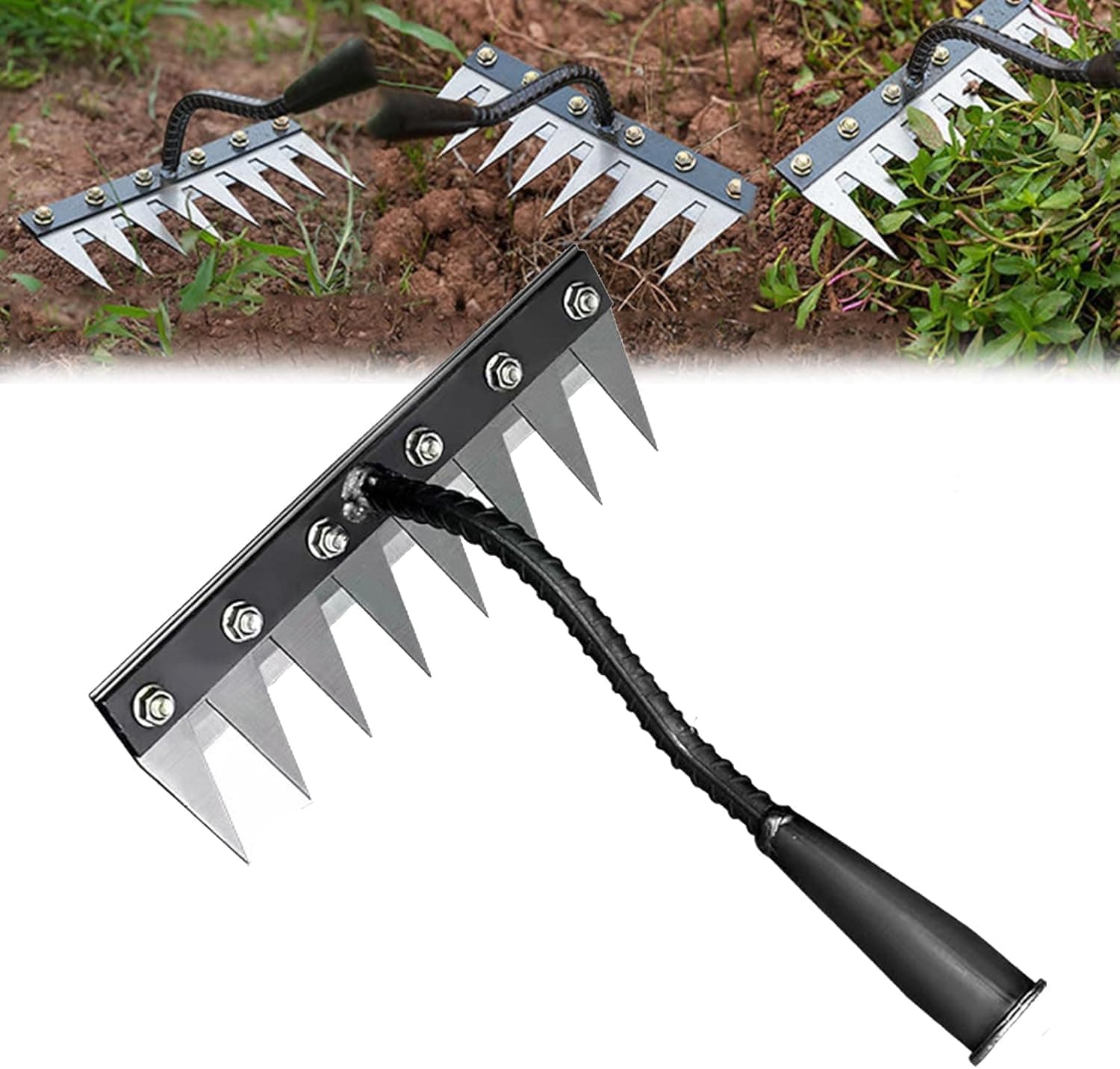 MaxAgro Iron Weeding Rake (Large) 2.0, Iron Rake for Gardening and Weedings, Heavy Duty Gardening Hand Weed Puller Tools, 8 Teeth Carbon Steel Garden Weedings Rakes for Lawn Care