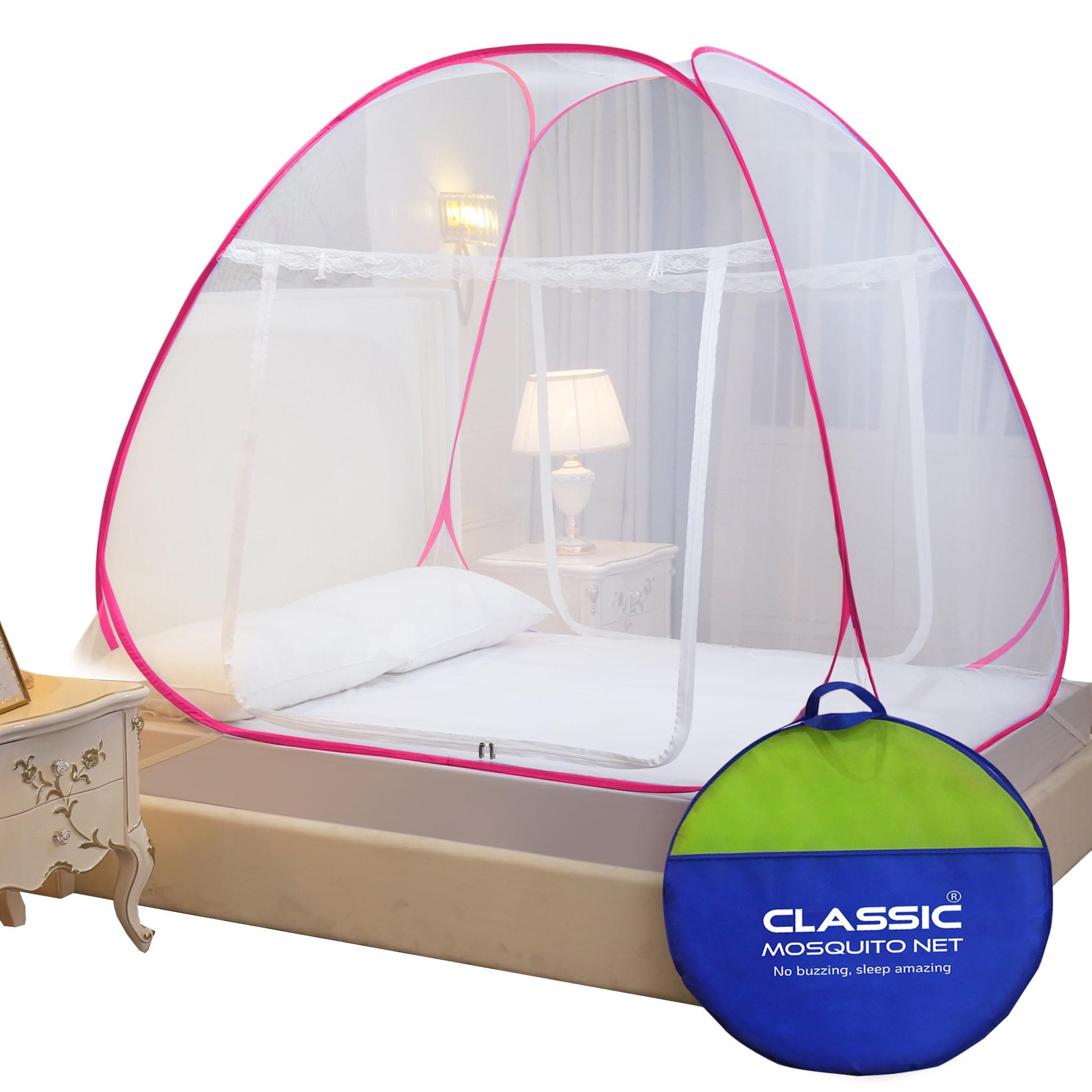 Classic Mosquito Net for Double Bed | Queen Size Foldable Machardani | Polyester 30GSM Strong Net | PVC Coated Corrosion Resistant Steel Wire - Pink