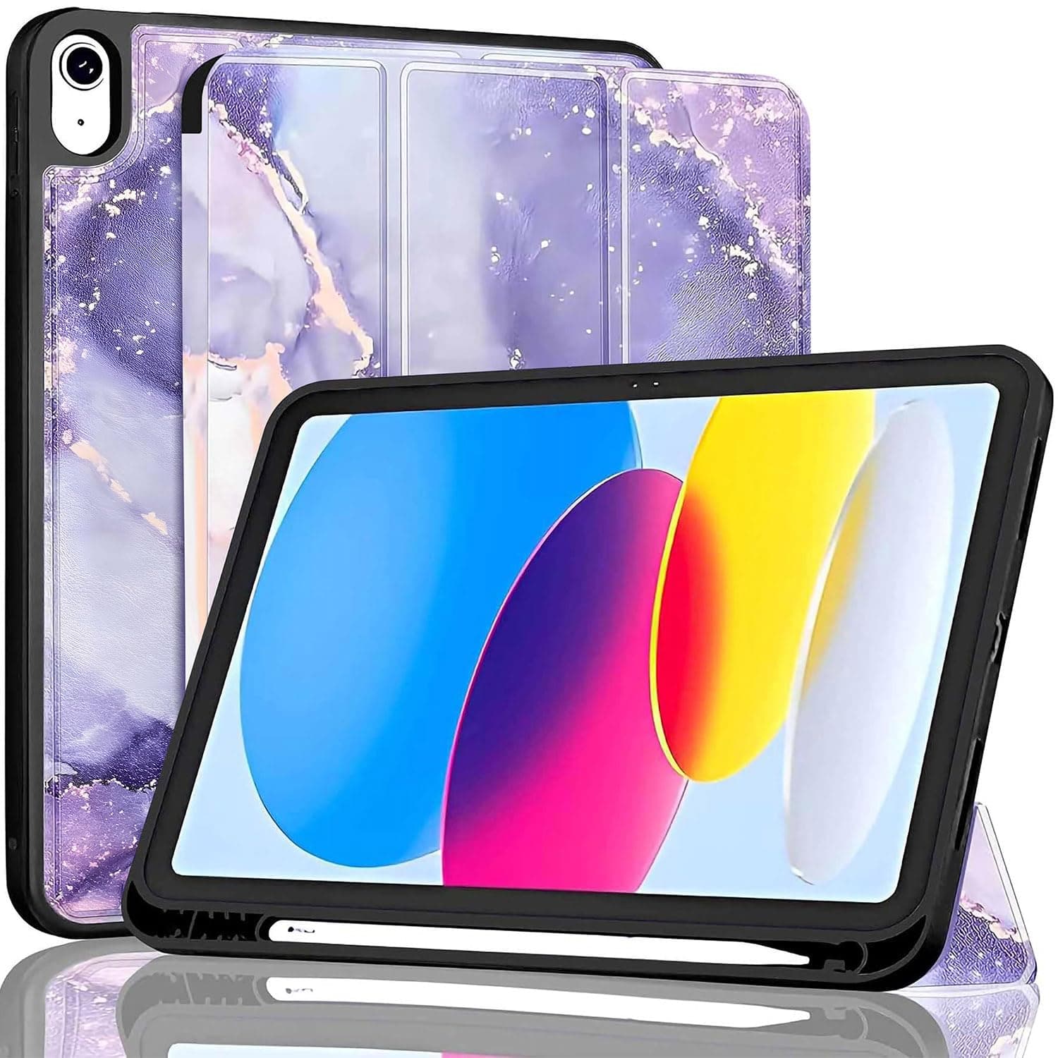 ProElite Smart Case for iPad (A16) 11th/10th Generation (2025/2022) [Auto Sleep/Wake Cover] [Left Side Pencil Holder] [Soft Flexible Case] Recoil Series - Marble Purple