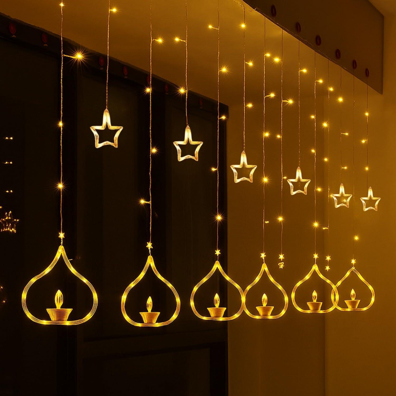 Desidiya® Diya Lights Diwali String Curtain Lights – Warm White Indoor & Outdoor Lights for Home, Wall, Window, Indian Wedding, Garden, Bedroom, Christmas, Party, and Festive Decor- Corded Electric