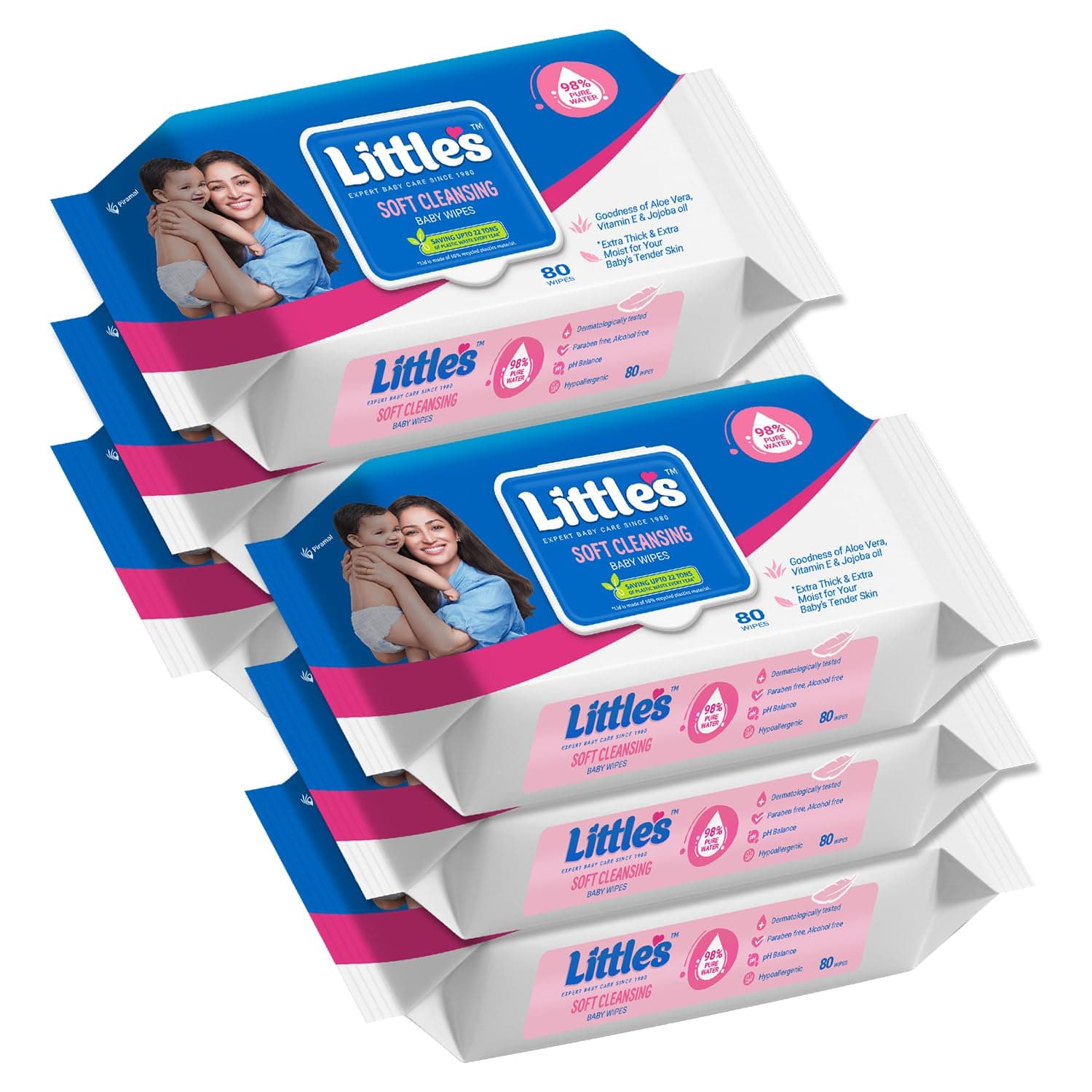 Little's Soft Cleansing Baby Wipes with Lid | 80 Wipes x Pack of 6 - 480 Wipes | Extra Thick & Moist Wet Wipes for Baby's | Prevents Rashes & Redness with Goodness of Aloe Vera, Vitamin E & Jojoba Oil