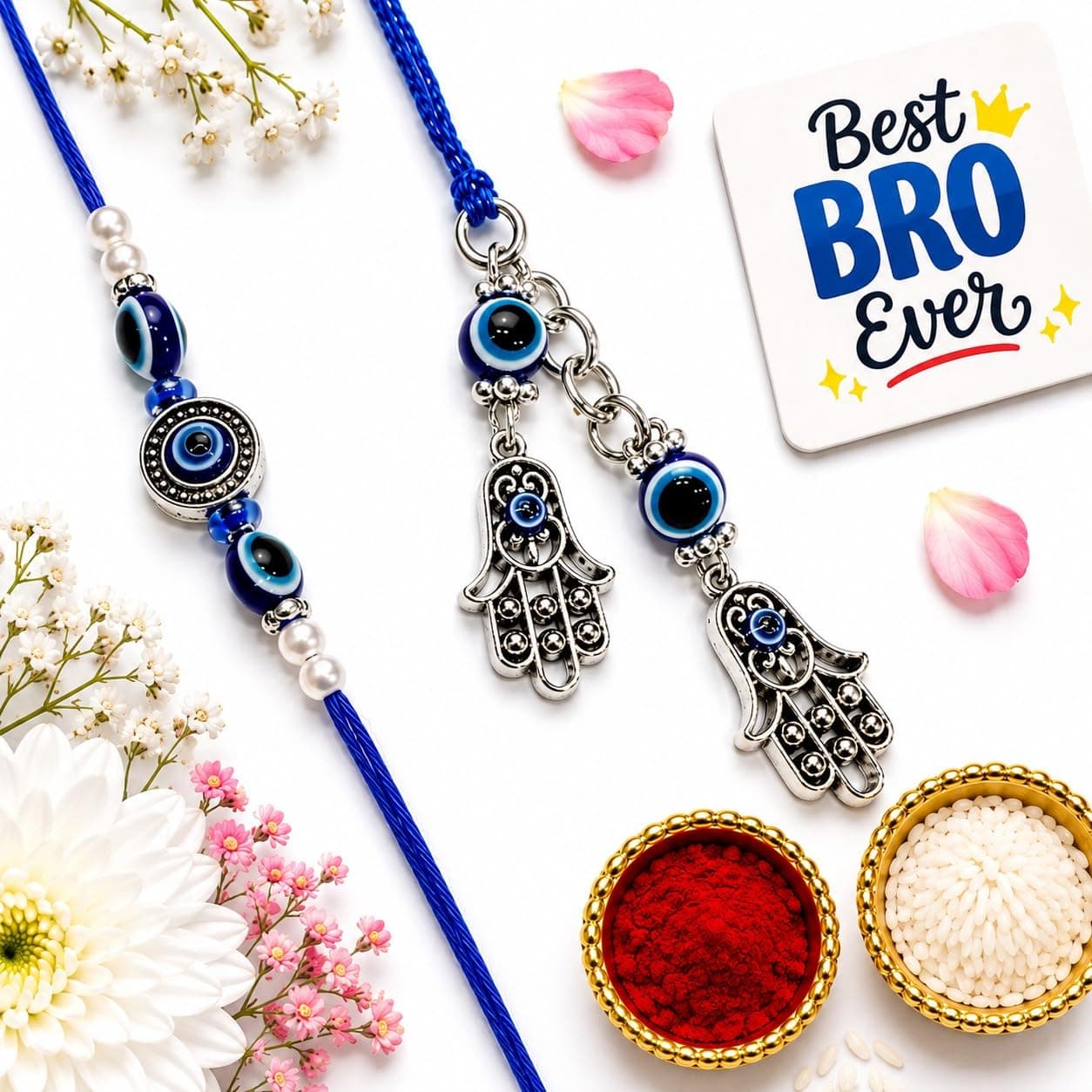 eCraftIndia Designer Evil Eye Hamsa Hand Bhaiya Bhabhi Rakhi with Best Bro Ever Fridge Magnet, Blue Nazar Rakhi Set for Brother & Bhabhi, Raksha Bandhan Gift with Roli Chawal