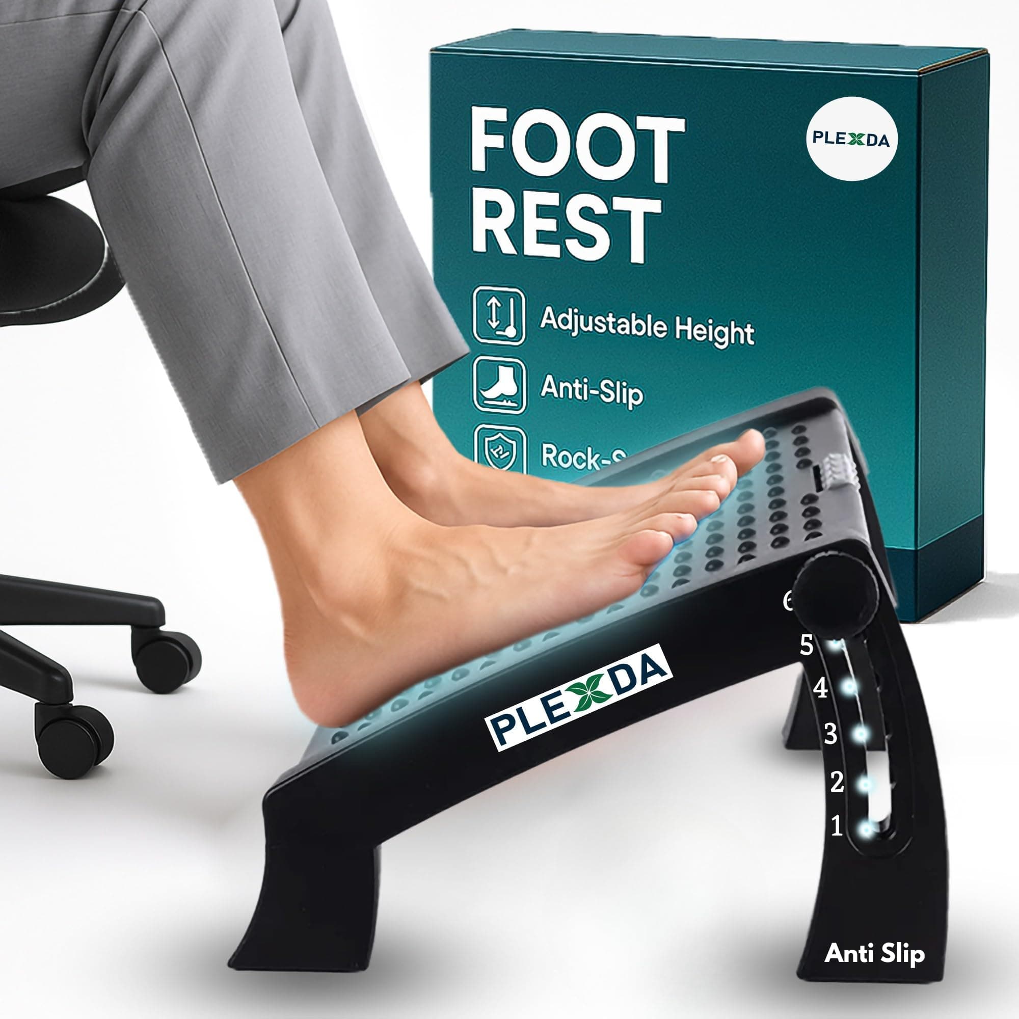 Plexda Adjustable Foot Rest for Office Chair with Massage Texture and Roller | Ergonomic Footrest Under Desk with 6 Heights | Leg Resting Stool for Home, Office Table and Sofa (Footrest 2)