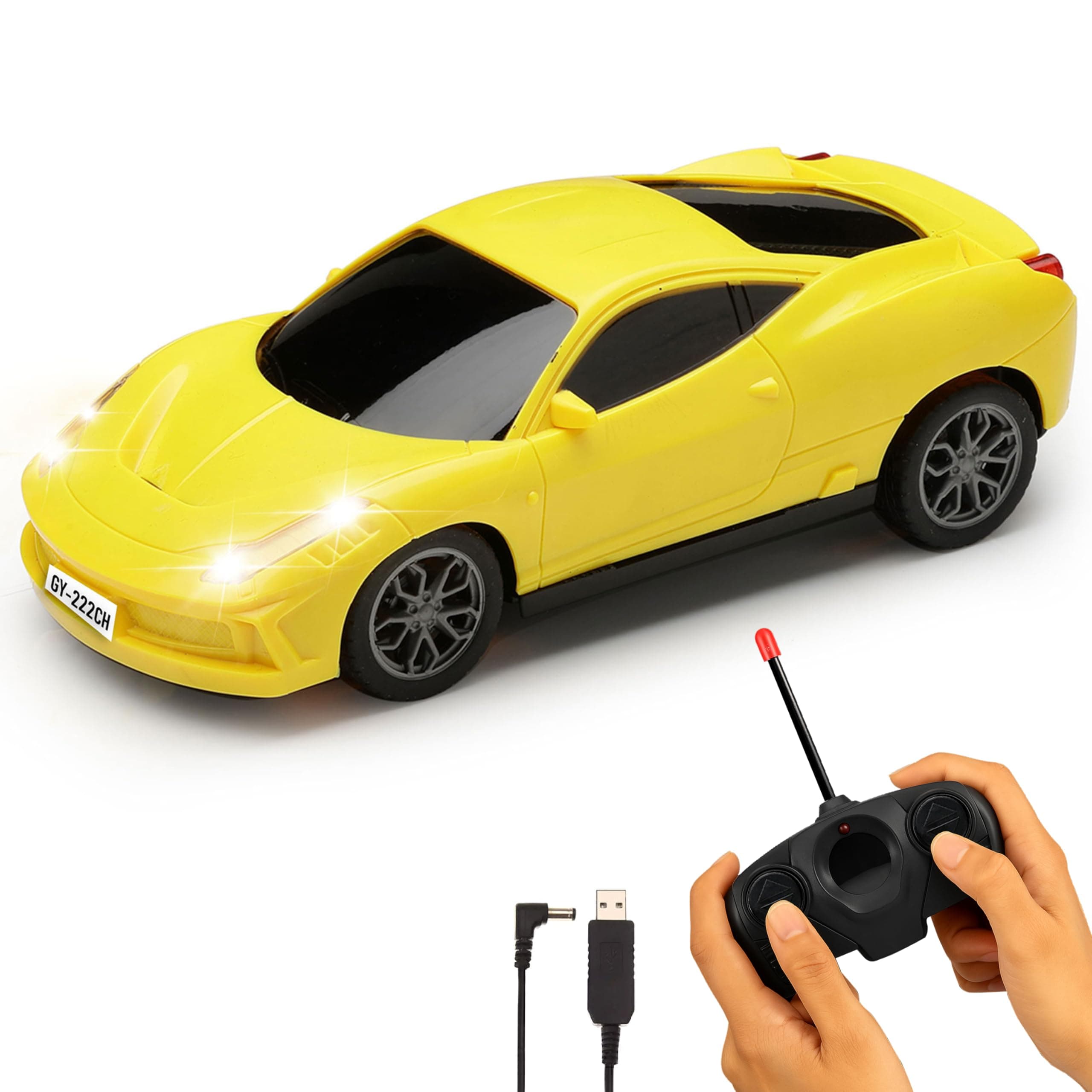 Gooyo GY-231CH Hi-Speed Rechargeable RC Car Toy with Glowing Headlights Feature | User-Friendly RC Car Toy for Kids | Yellow | in-Built Battery | Gift Box Packaging