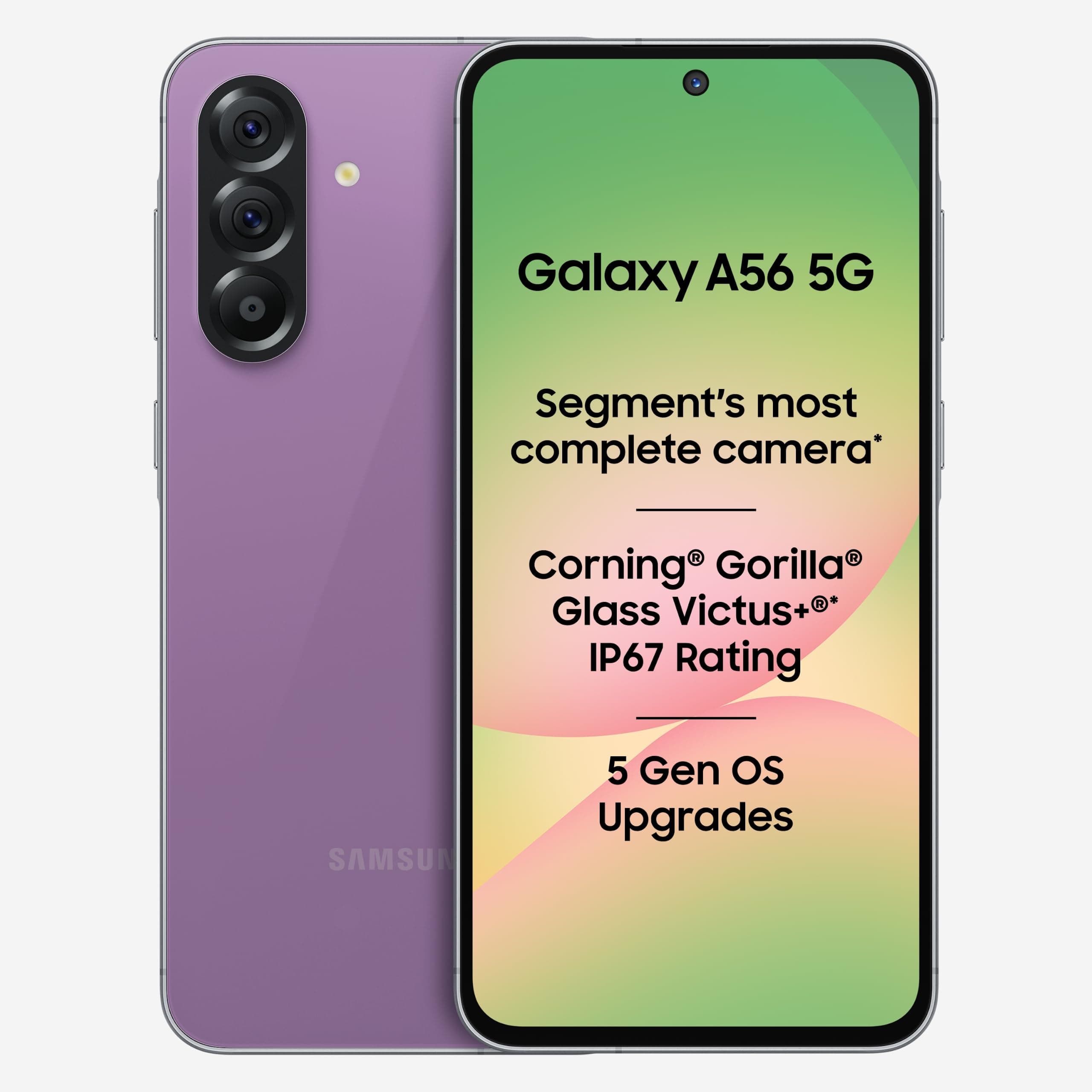 Samsung Galaxy A56 5G (Awesome Violet Glow, 8GB, 128GB) | Segment Most Complete Triple Camera | AI Editing | 4nm Processor | sAMOLED Display| Gorilla Glass Victus+| 5 Gen OS Upgrades