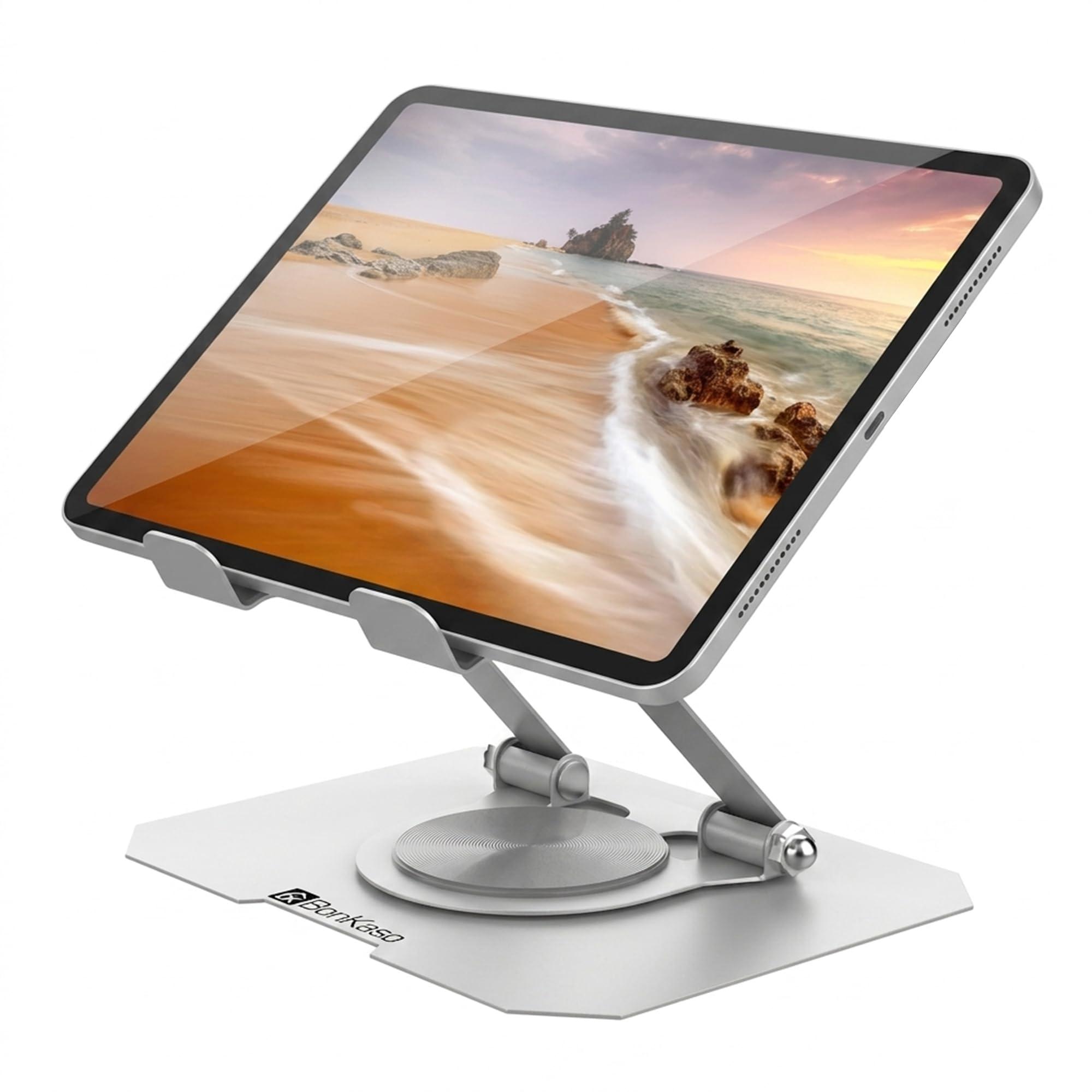 BonKaso 360° Rotating Aluminium Tablet Stand, Multi-Angle Adjustable Holder with Anti-Slip Base, Compatible with iPad Pro/Air/Mini, Samsung Galaxy Tab & All Tablets – Silver