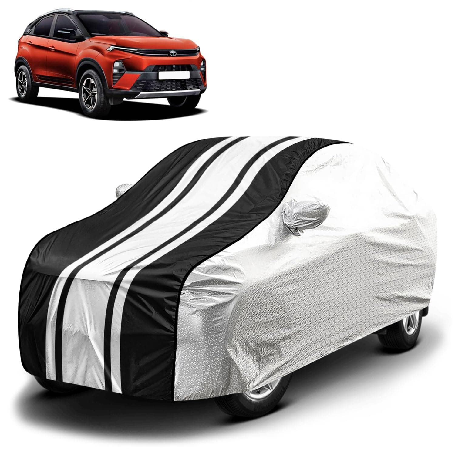 Fabtec Waterproof Car Body Cover for Tata Nexon 2024 with Mirror Pocket and Soft Cotton Lining, Bottom Elastic, Triple Stitched (Metallic Silver with Black Stripes)
