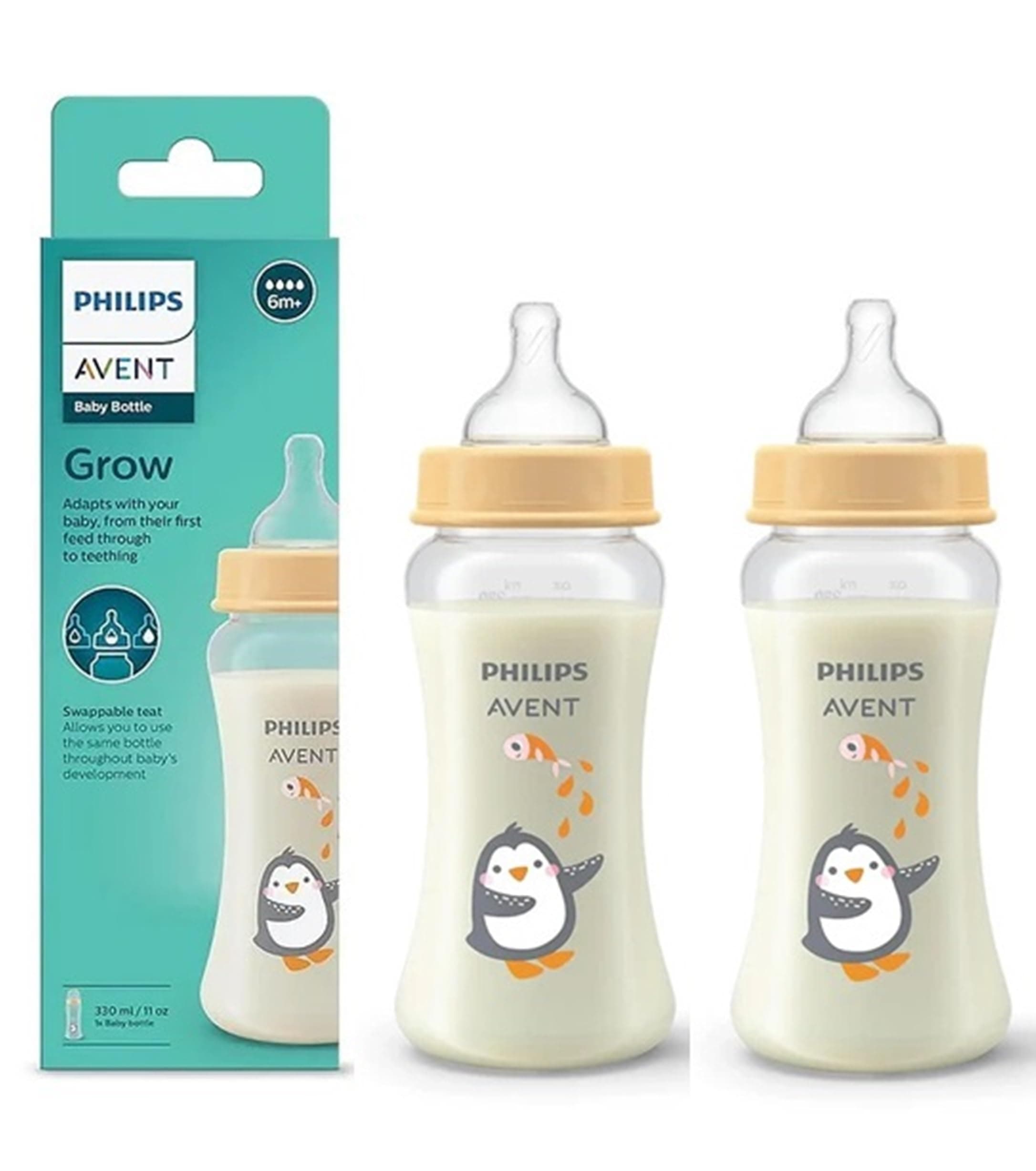 Philips Avent Grow- Economy Feeding Bottles | Anti-Colic | Easy Fill,Easy Clean|BPA Free | with 6M+ Flow Teat | Made in India | SCF064/02 (330ml, Pack of 2) (Penguin with Fish)