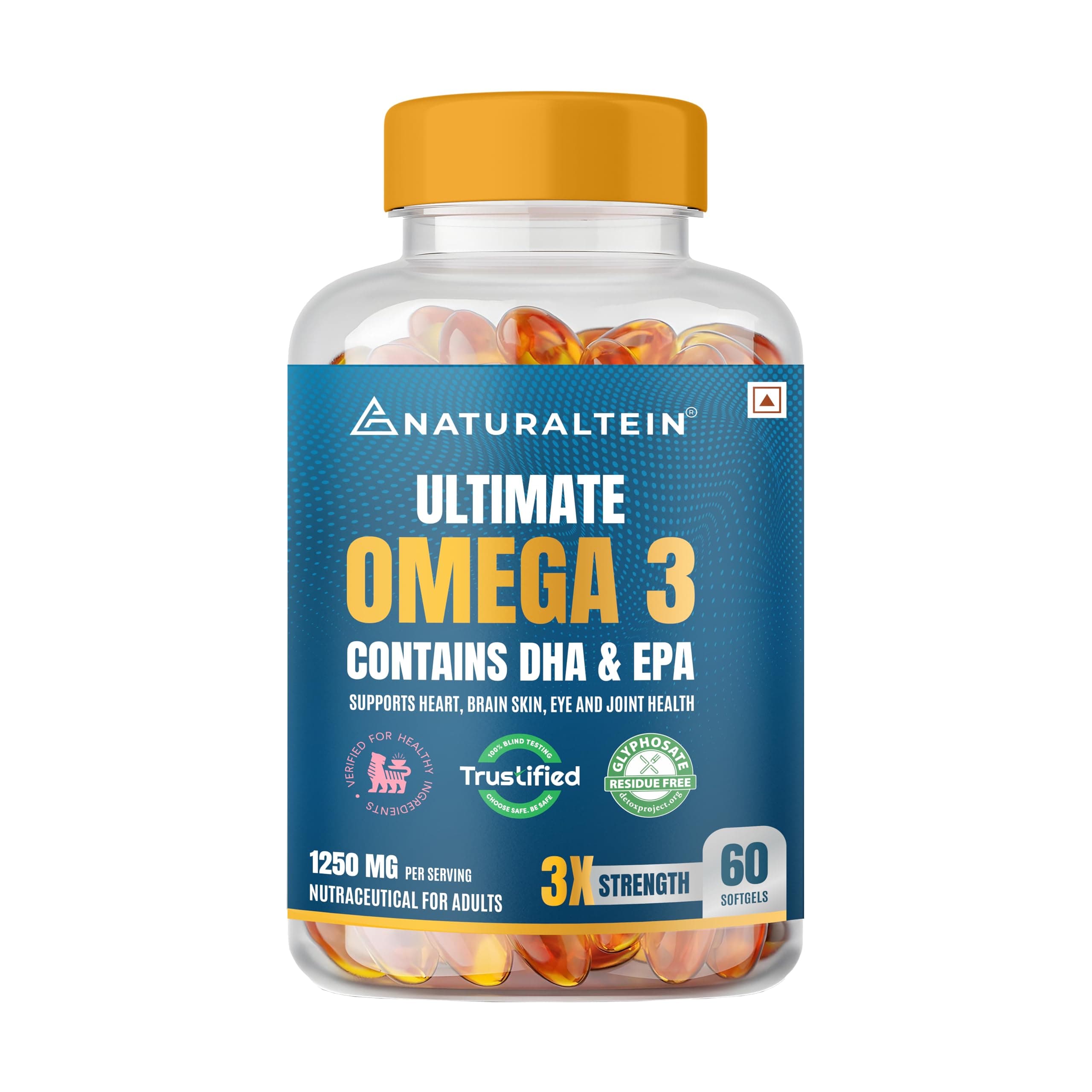 NATURALTEIN Omega-3 Fish Oil 1250mg Triple Strength Softgel Capsules | 450mg EPA & 300mg DHA in Triglyceride Form for Better Absorption | Heart, Brain, Eye & Joint Support | Glyphosate-Free | 60 Softgel Capsules | 60-Day Supply
