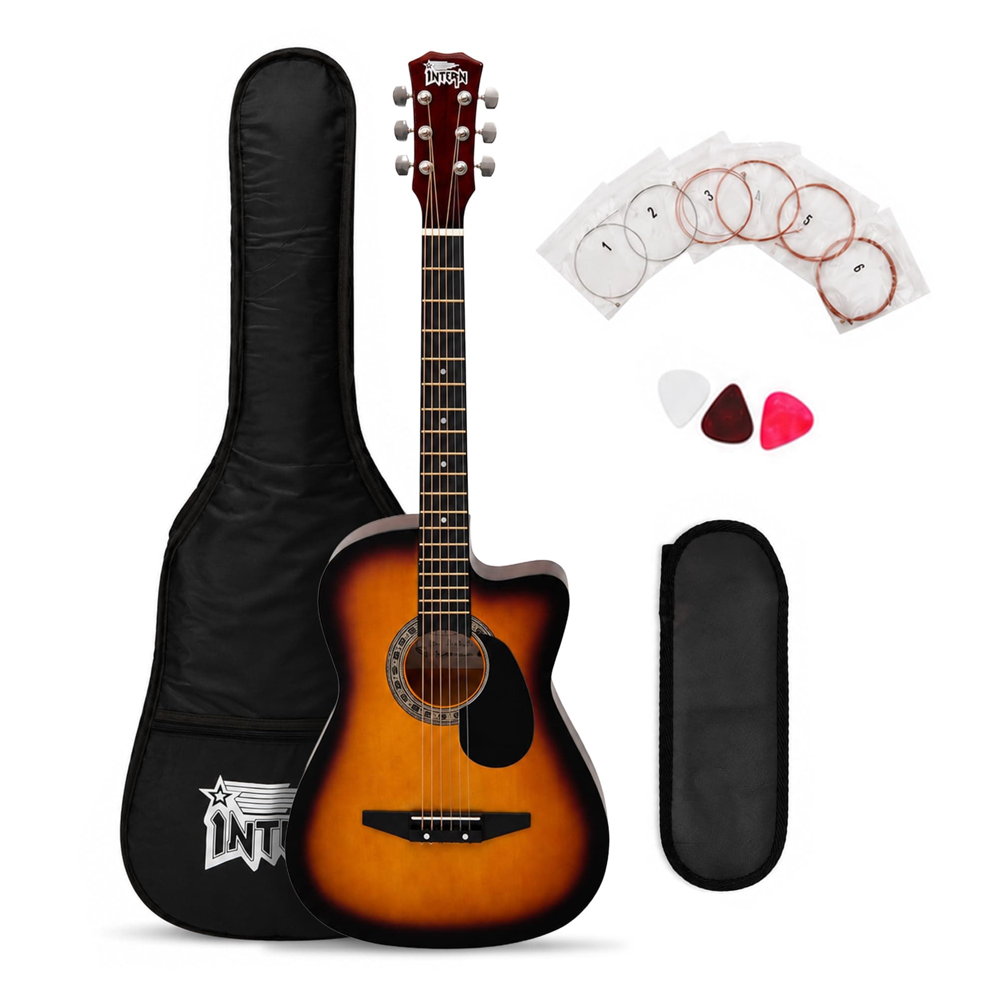 Intern Right hand Acoustic Guitar Kit, With Bag, Strings, Pick, Strap and String Winder (SUN-BURST, GLOSSY)