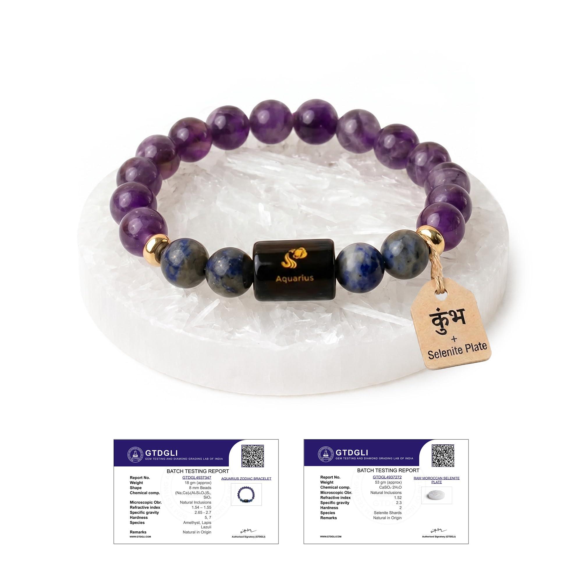Astrotalk Aquarius (कुंभ राशि) Zodiac Bracelet with Raw Selenite Plate | Crystals for Emotional Clarity & Inner Peace | Amethyst & Lapis Lazuli | Bracelet for Man & Woman | Gift for Man & Woman